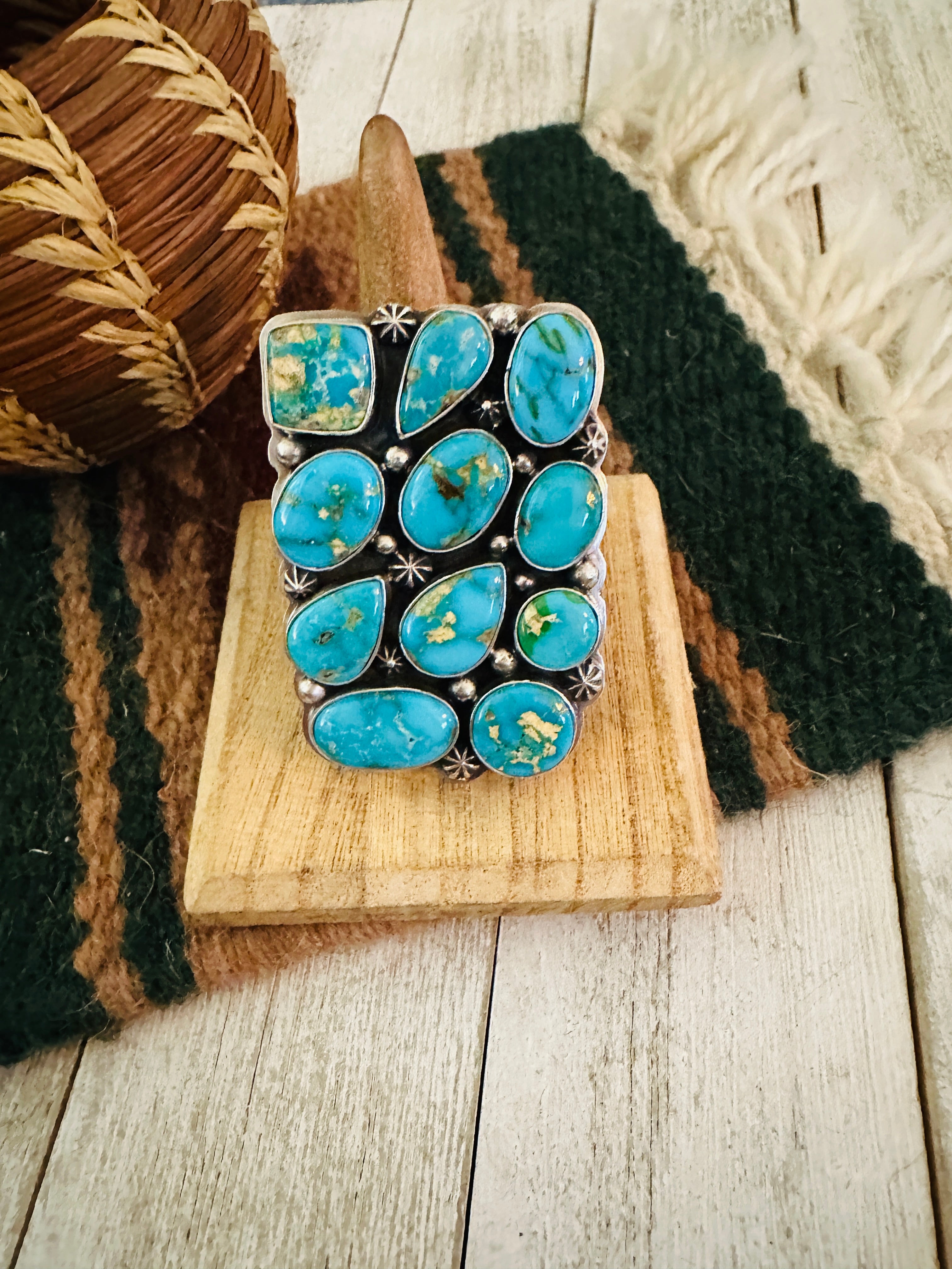 Handcrafted Sonoran Mountain Turquoise & Sterling Silver Adjustable Cluster Ring