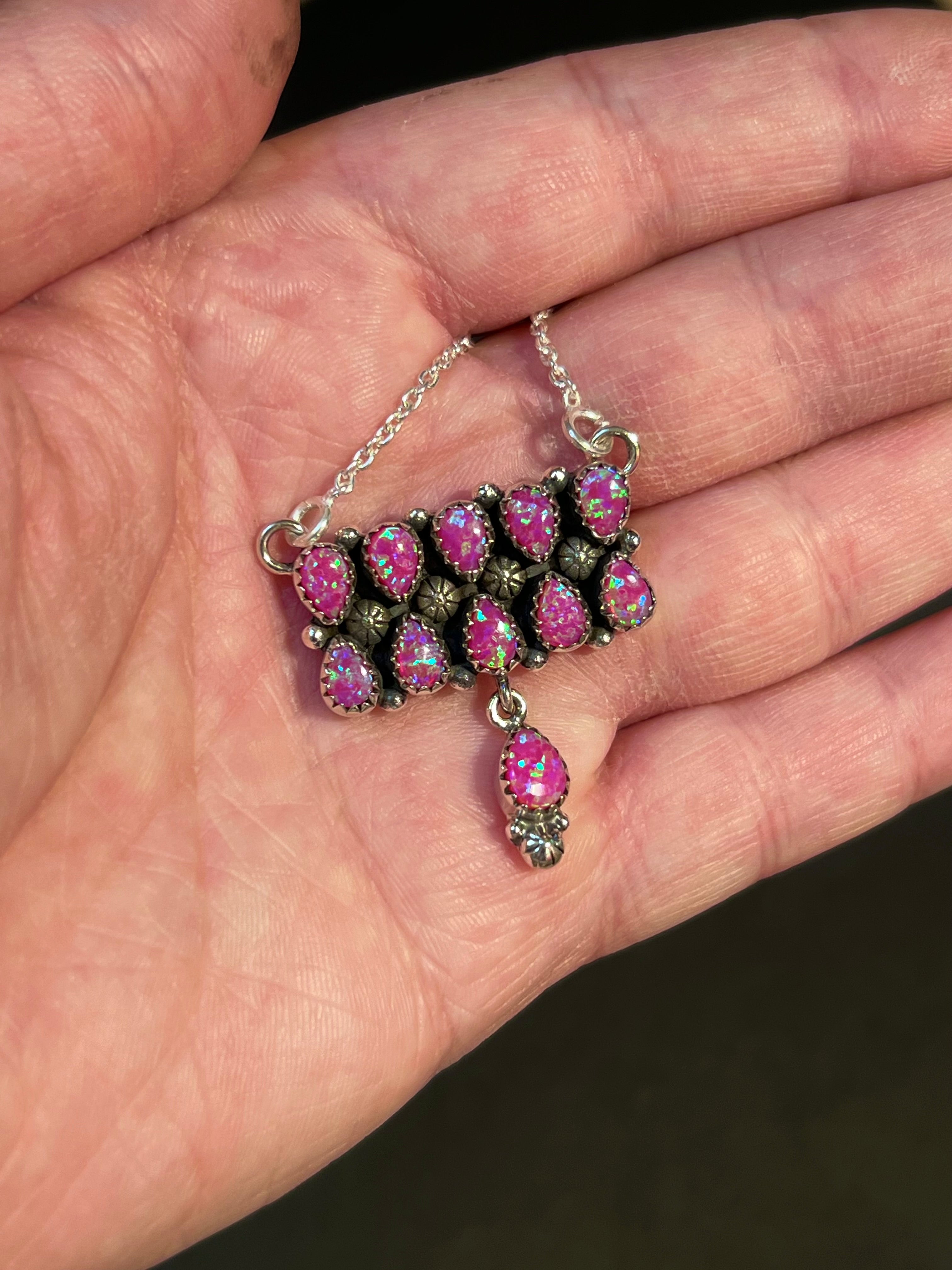 Handmade Sterling Silver & Fire Pink Opal Tear Drop Dangle, Bar Necklace