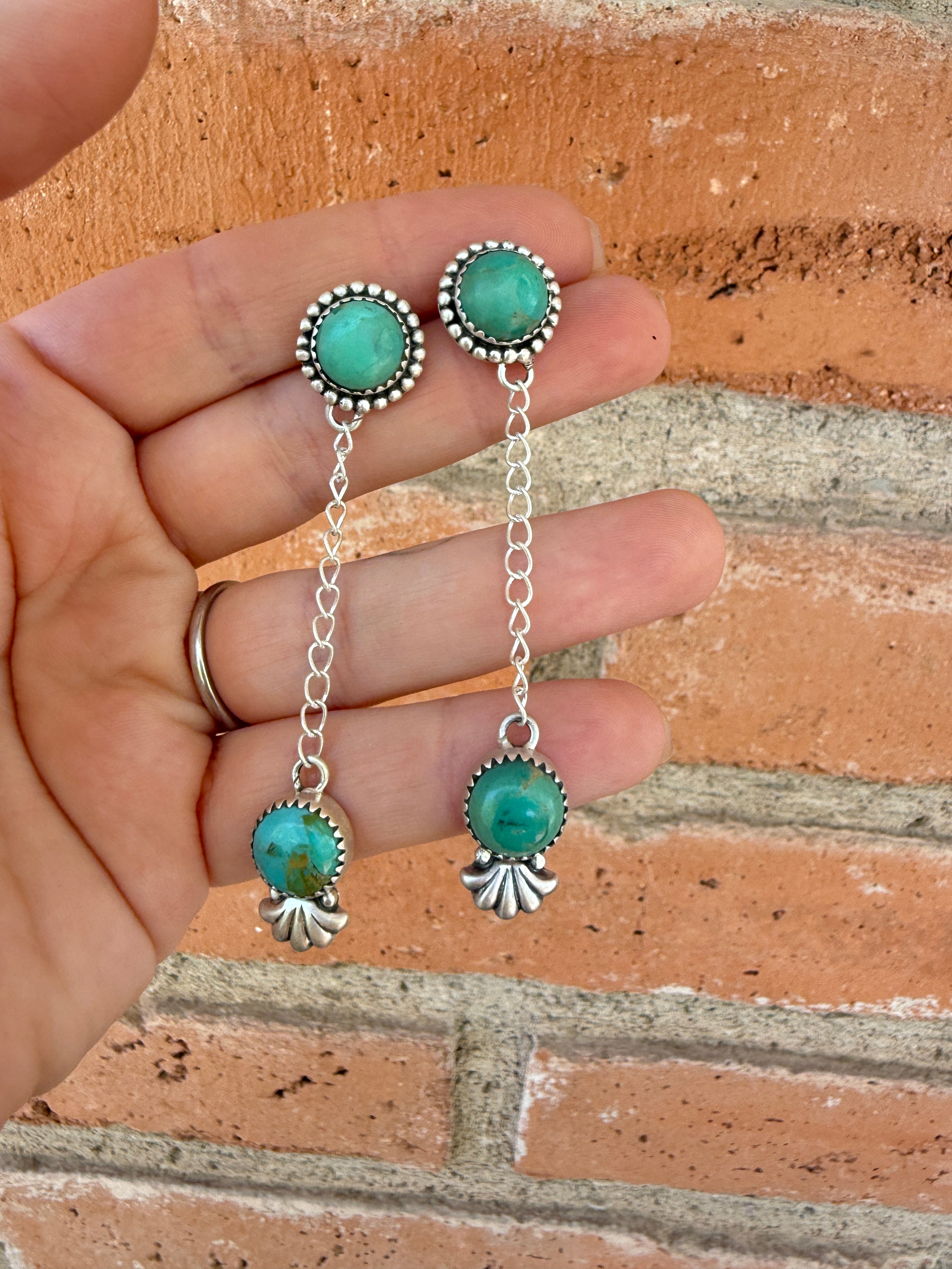 Handmade Sterling Silver Kingman Turquoise Dangle Earrings Signed Nizhoni 2 Stone