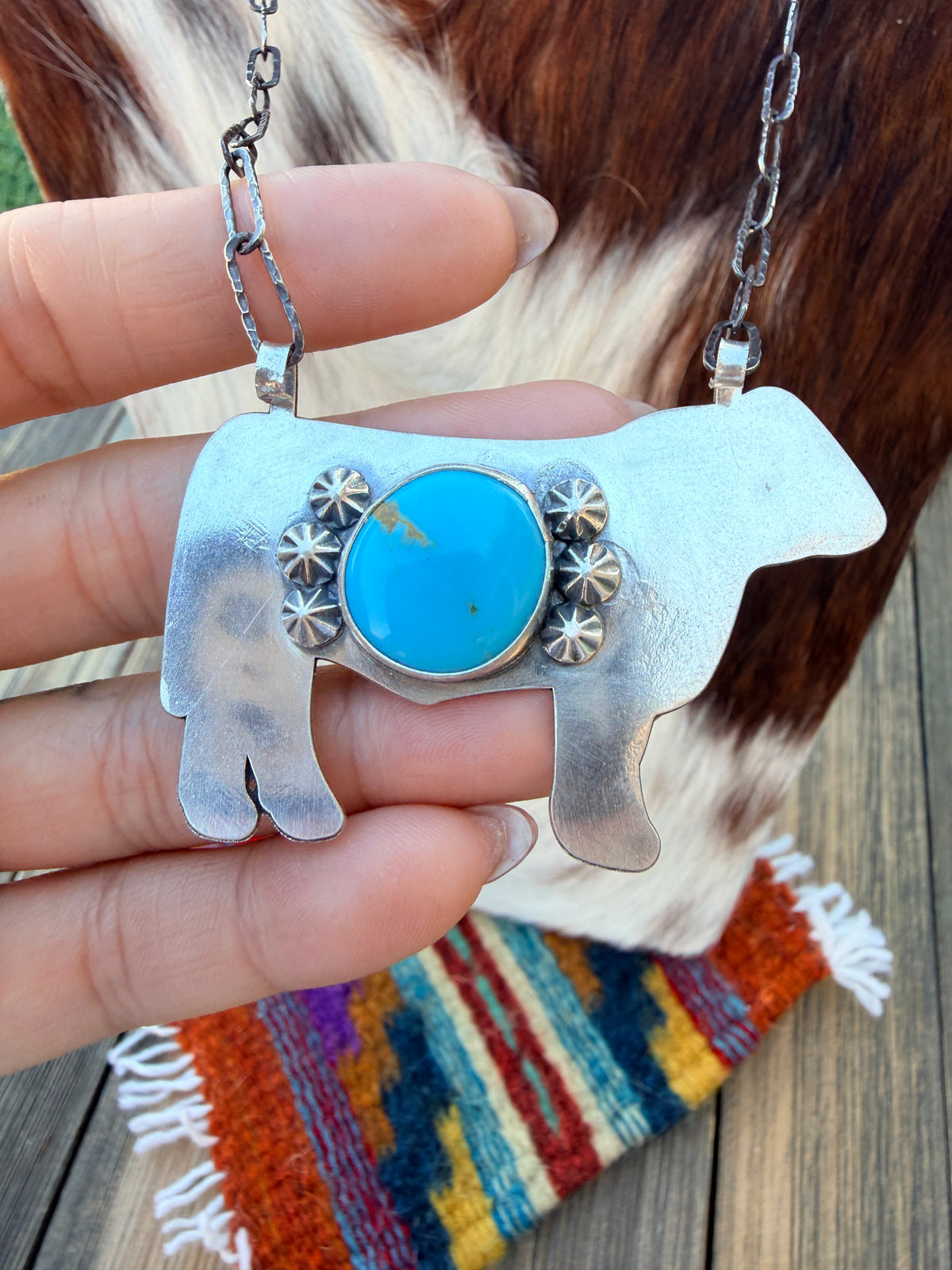 Handmade Sterling Silver & Turquoise Cow Necklace