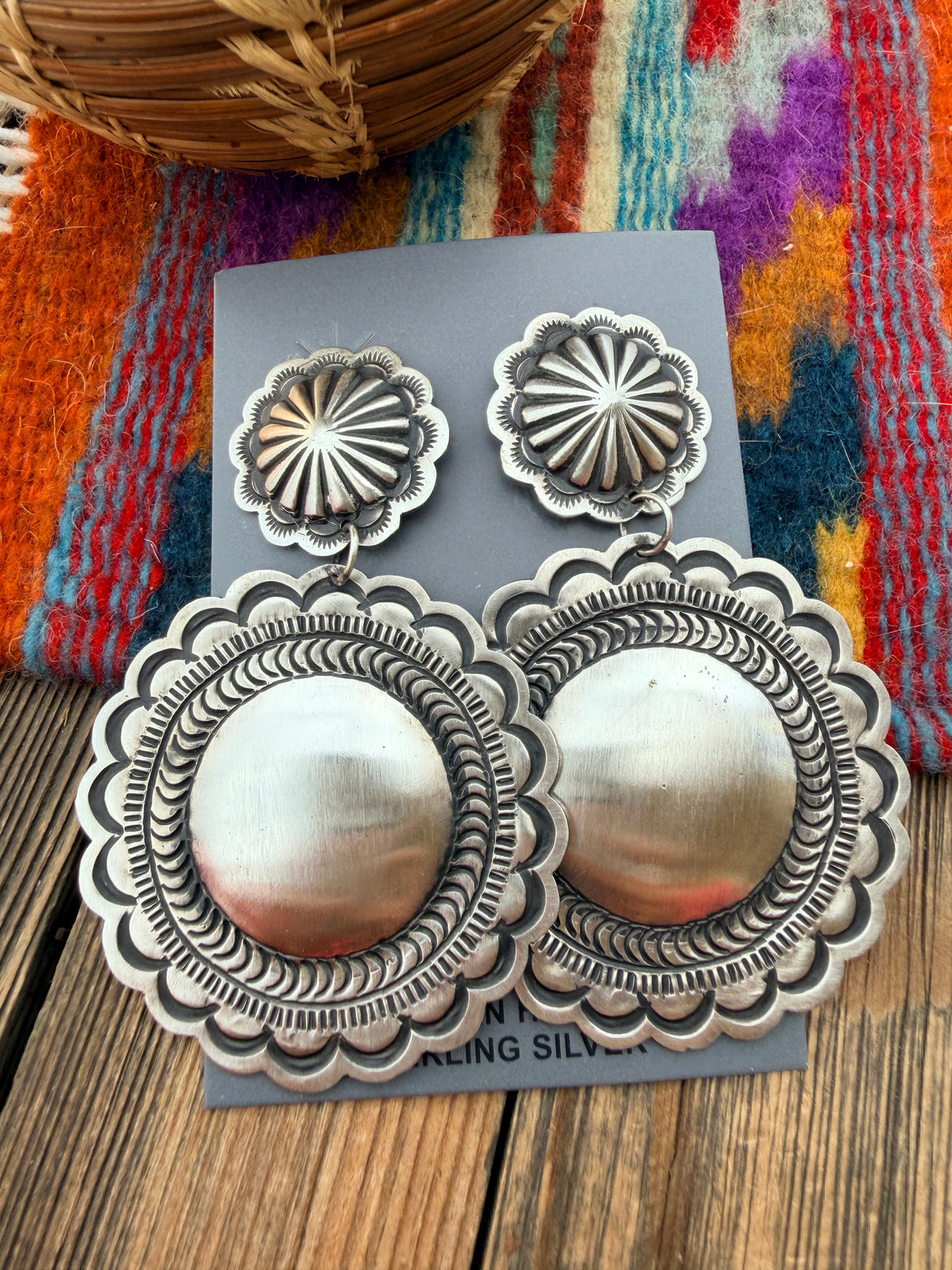 Handcrafted Sterling Silver Concho Dangle Earrings by Leander Tahe