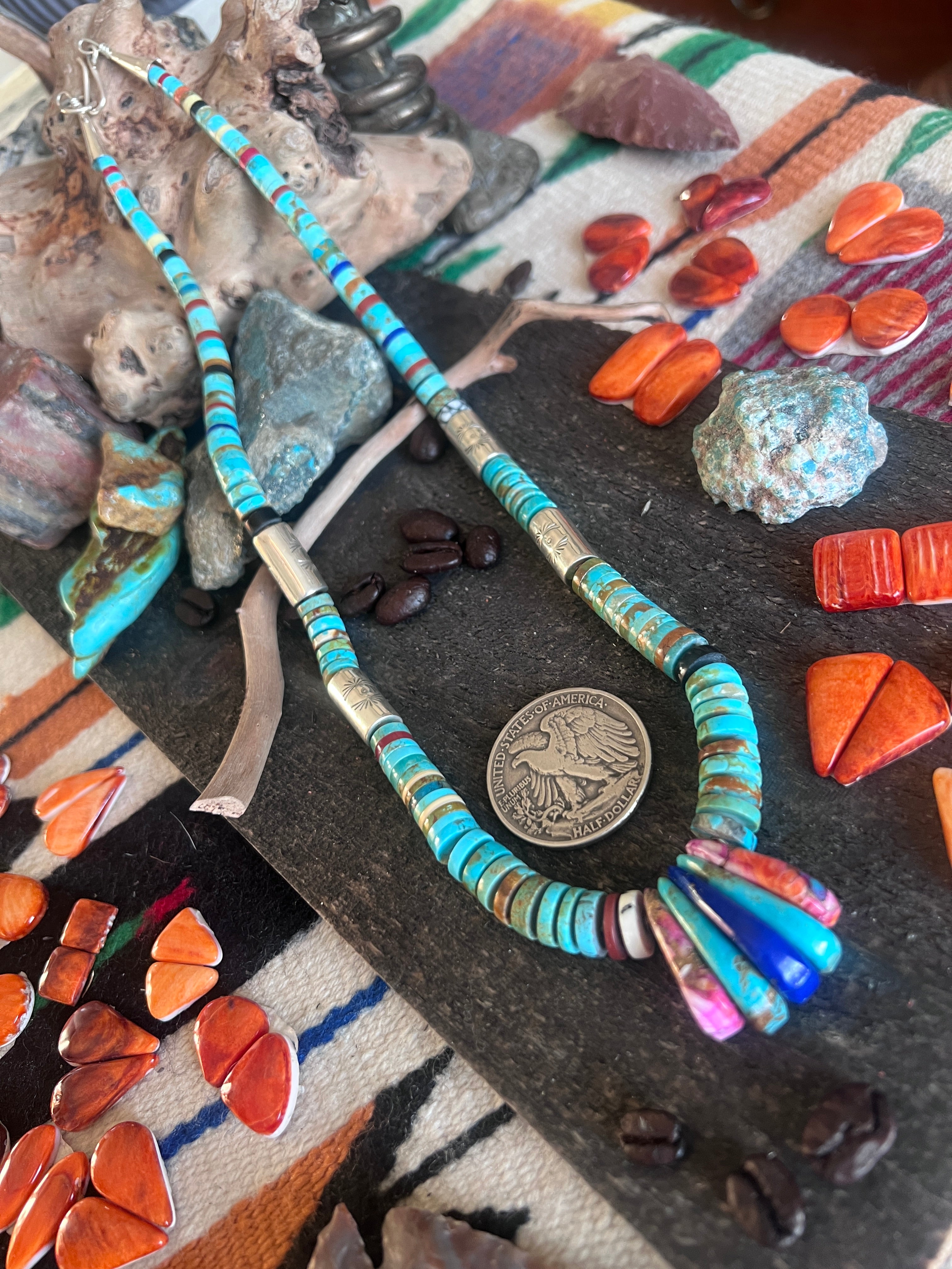 Ronald Chavez Handcrafted Sterling Silver & Multistone Heishi Beaded Necklace with Tabs, 22 inches