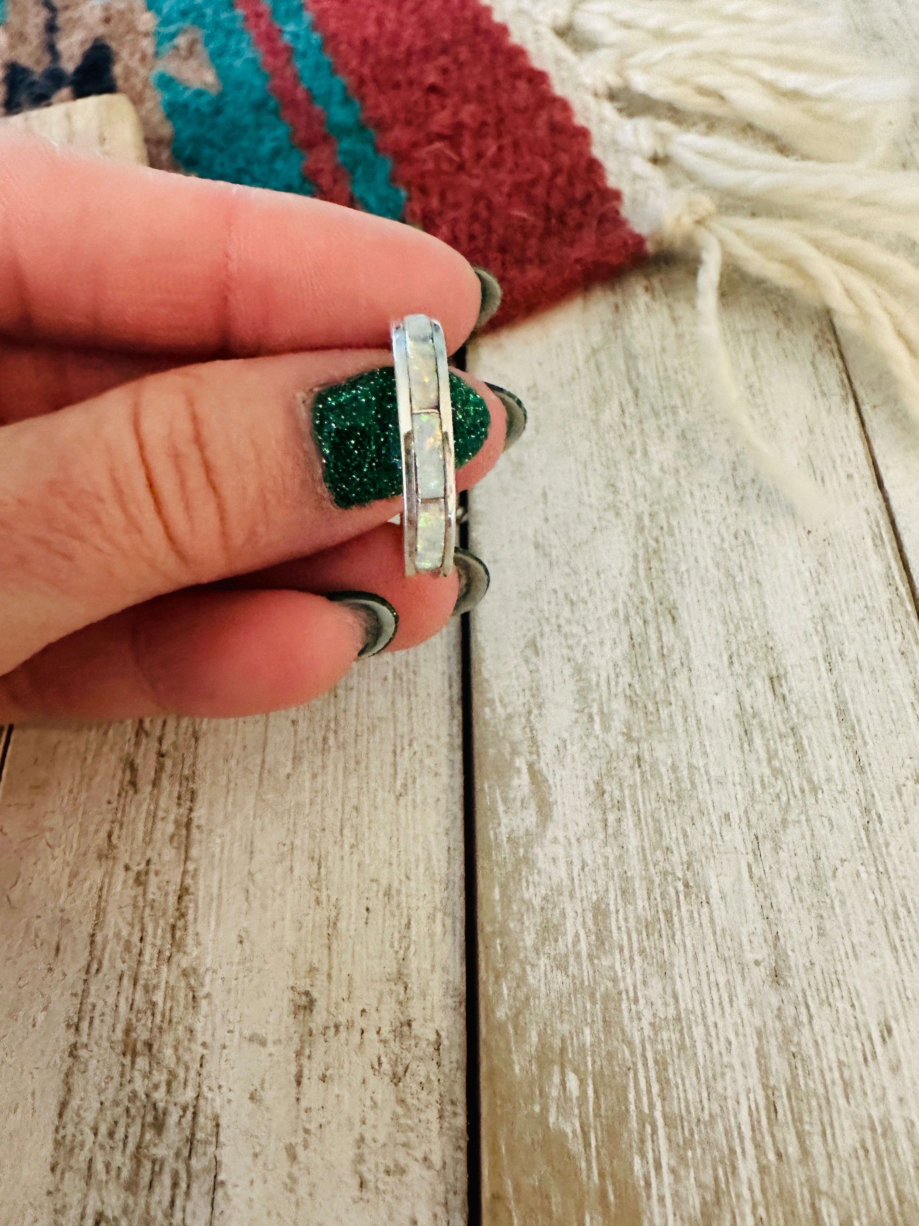 Handcrafted Sterling Silver & White Opal Inlay Band Ring