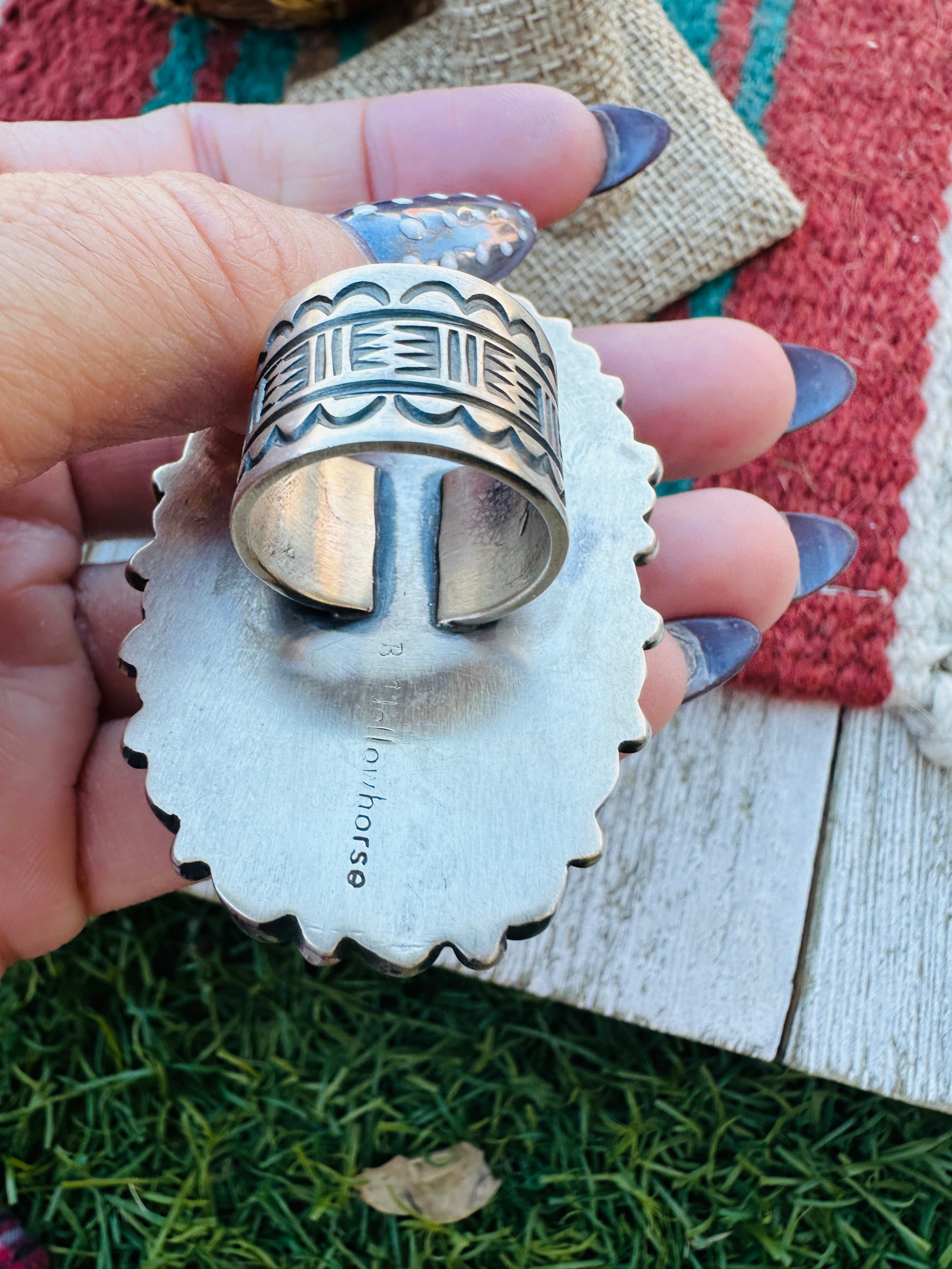 Handcrafted Royston Turquoise & Sterling Silver Cluster Ring Size 7 by Blaine Yellowhorse