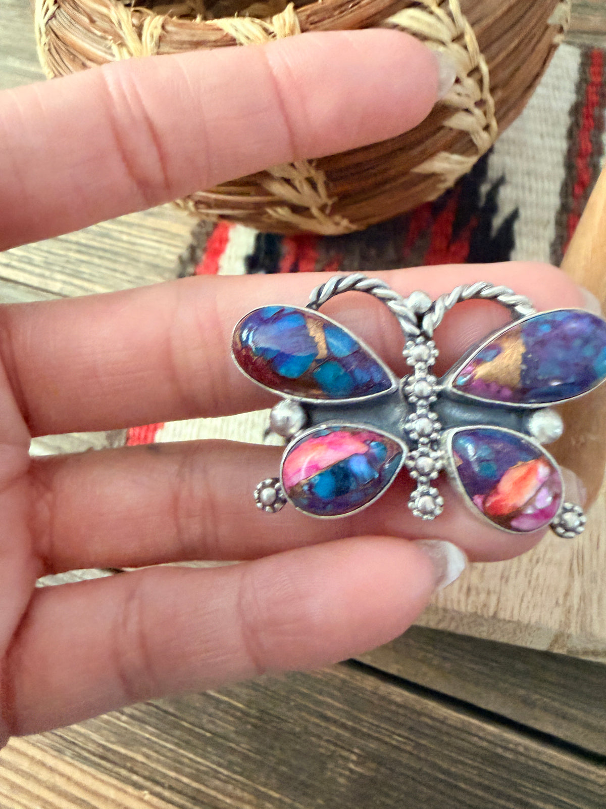 Handcrafted Pink Dream Mojave & Sterling Silver Adjustable Butterfly Ring