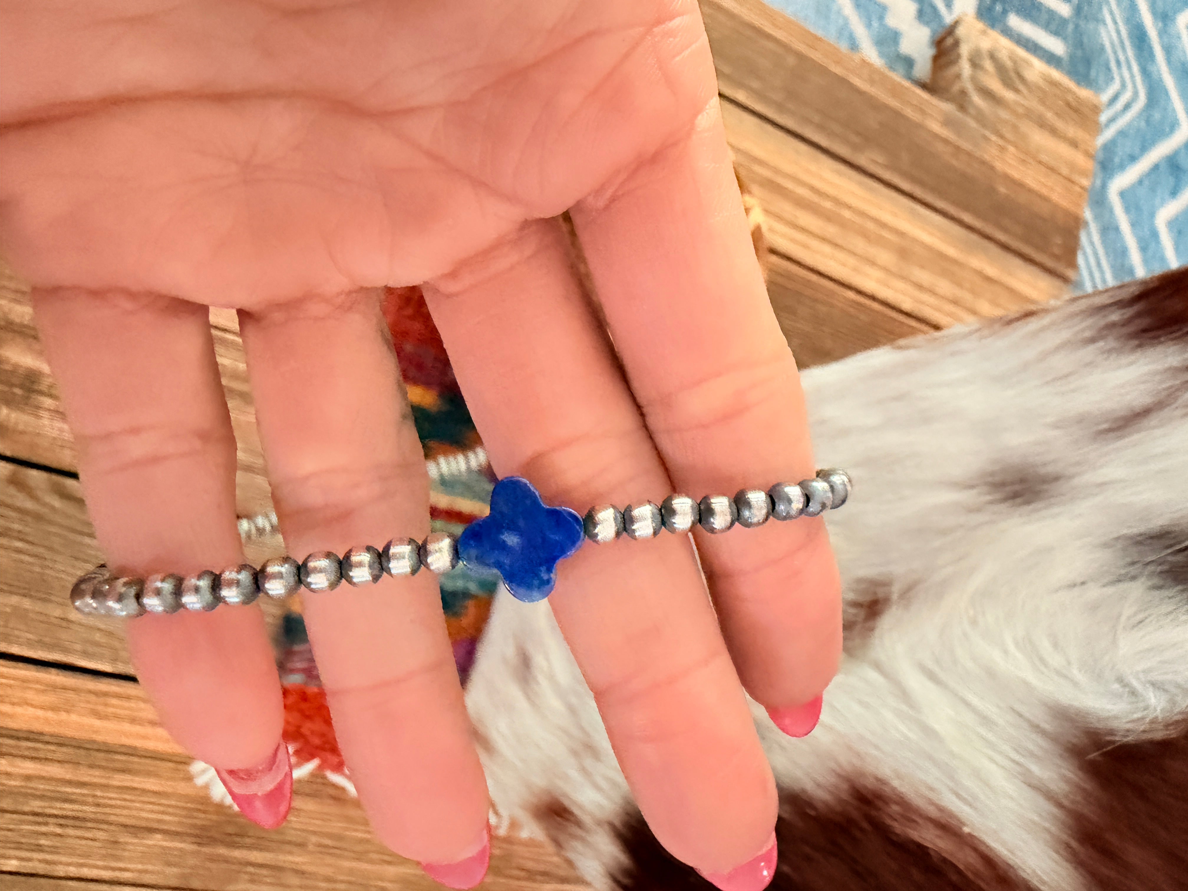 Handcrafted Lapis and Sterling Silver Pearl Quatrefoil Beaded Necklace