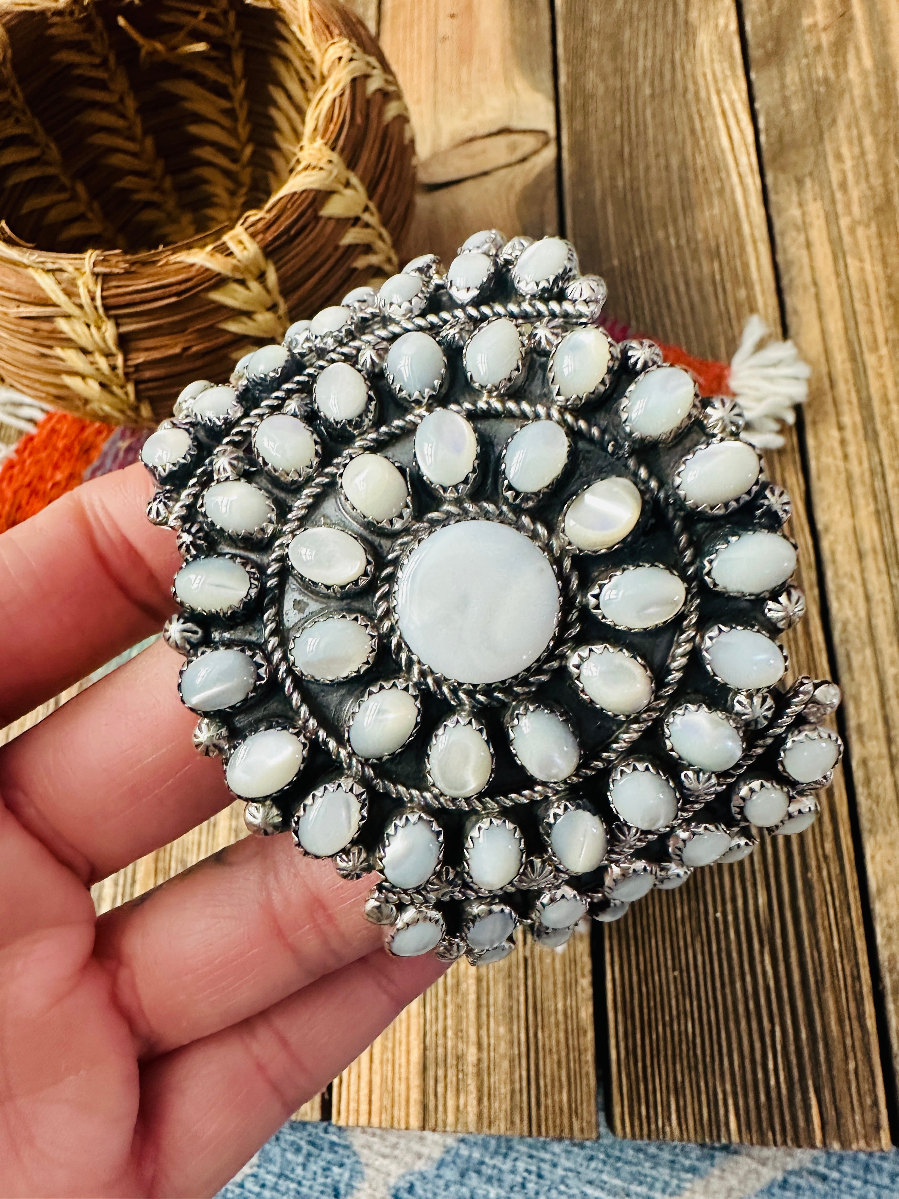 Handcrafted Old Pawn Sterling Silver & Mother of Pearl Cuff Bracelet