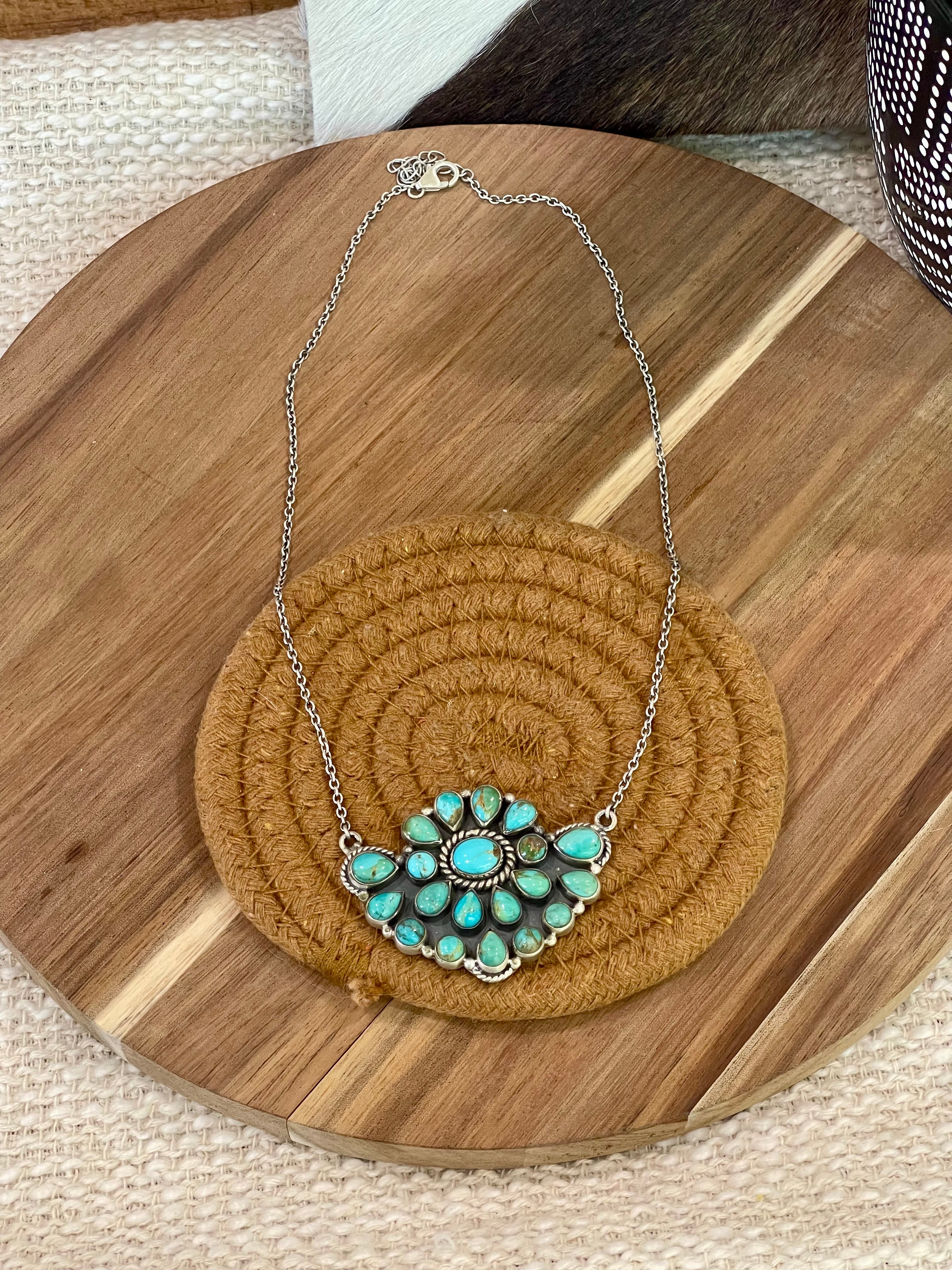 Gorgeous Handmade Sterling Silver & Turquoise Cluster Necklace