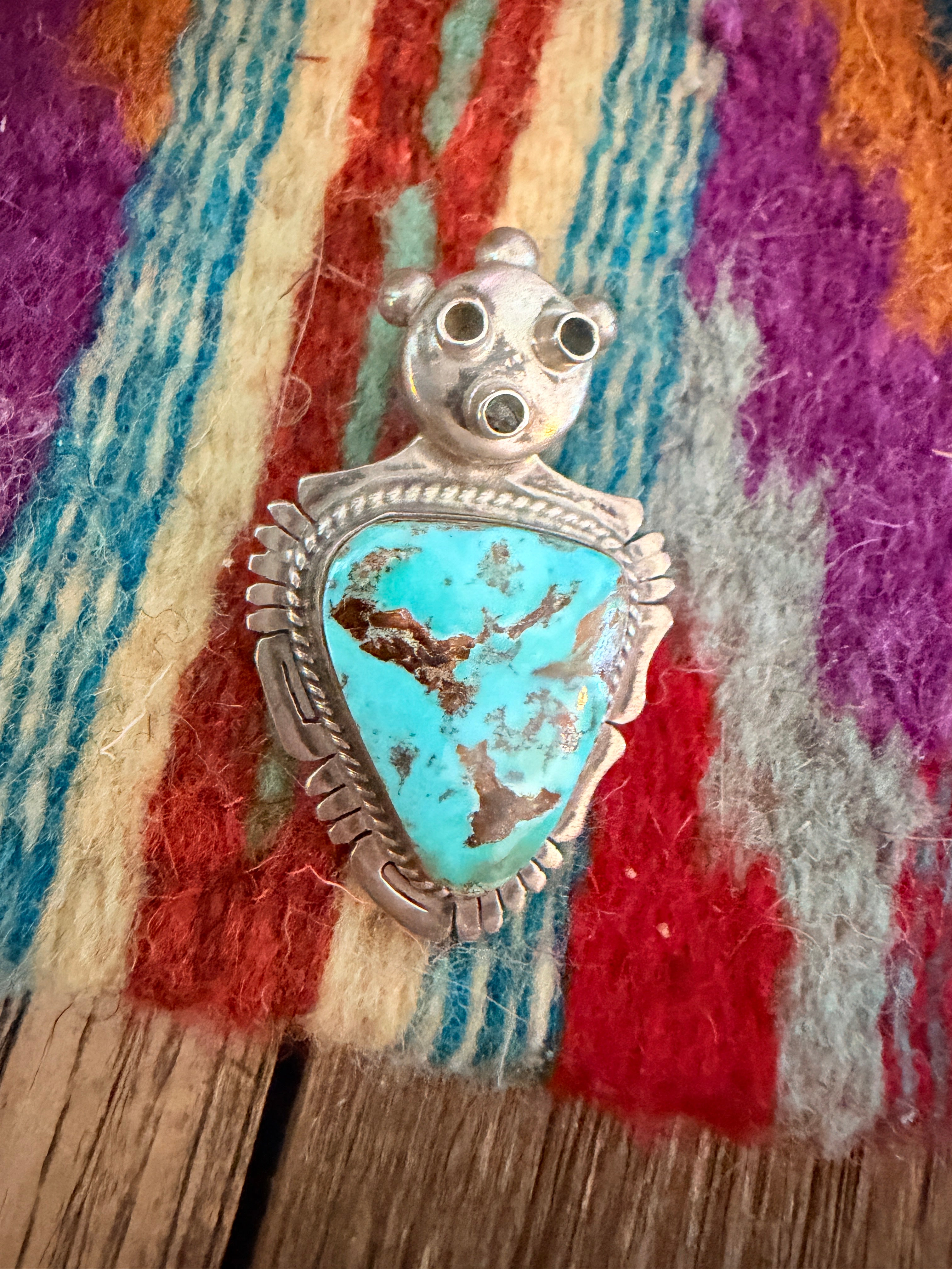 Old Pawn Handcrafted Turquoise and Sterling Silver Yei Symbol Brooch/ Pendant by Bennie Ration