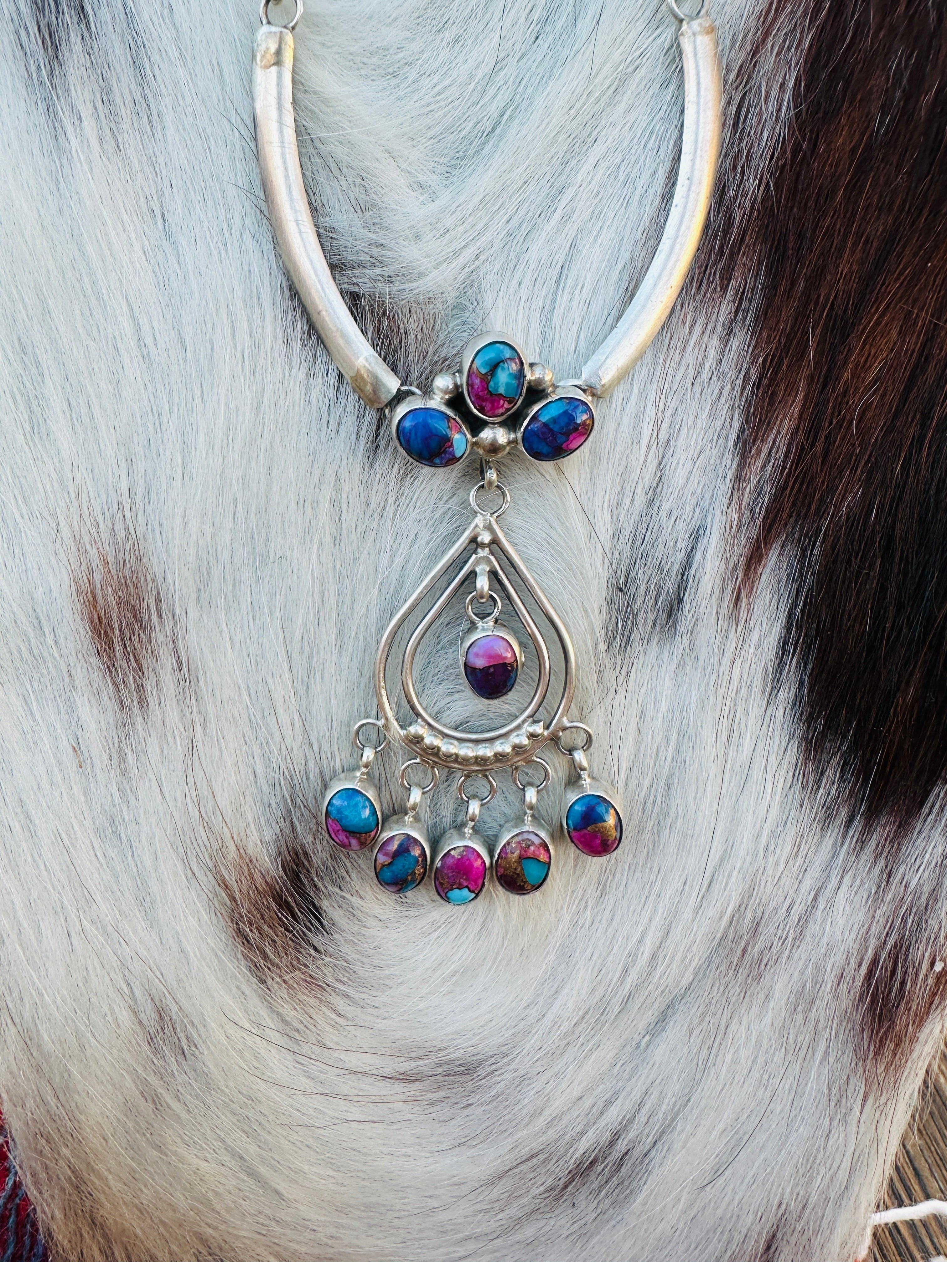 Handcrafted Pink Dream Mojave & Sterling Silver Chandelier Necklace by Pearlene Spencer