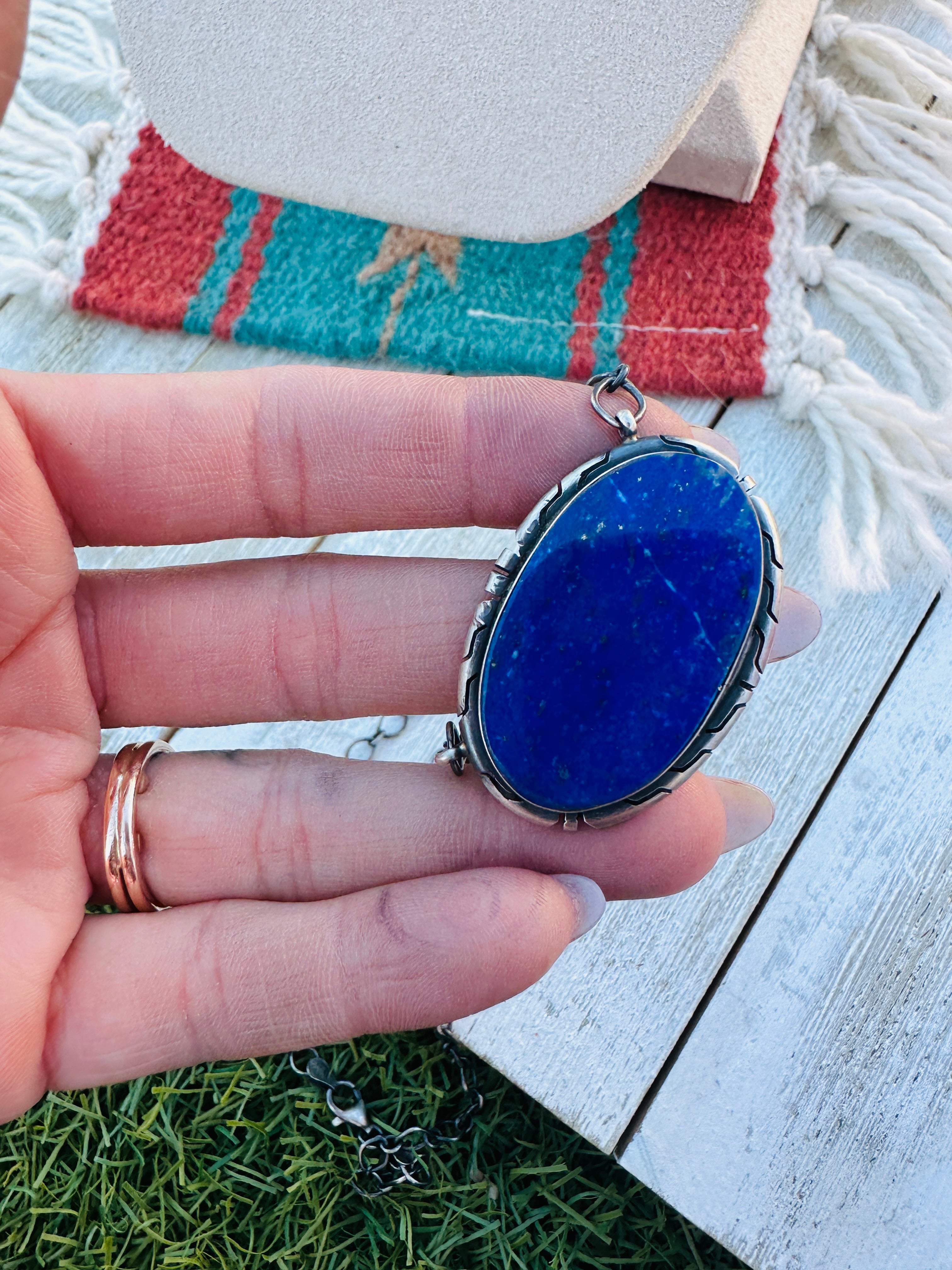 Handcrafted Sterling Silver 18” Link Chain & Lapis Lazuli Necklace