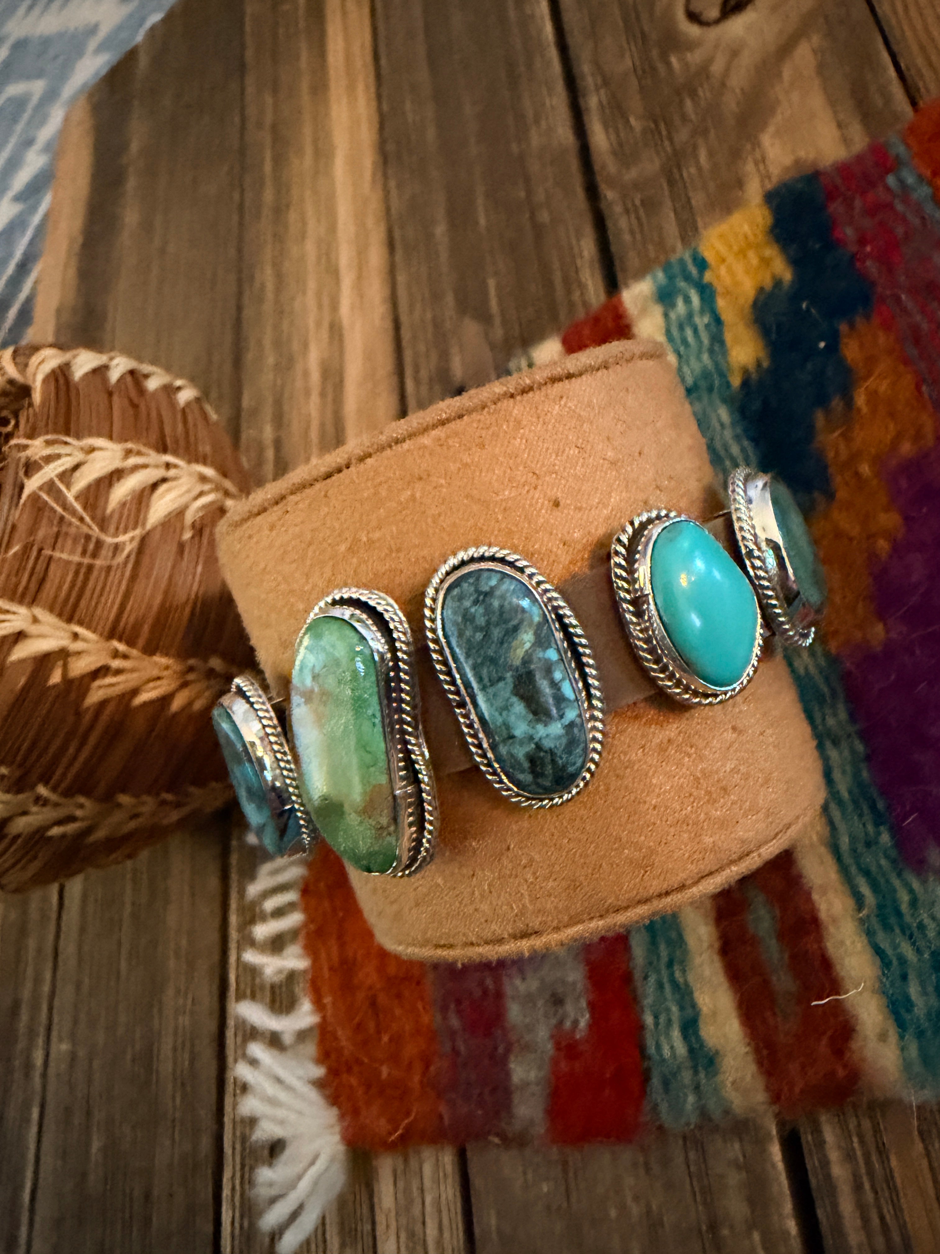 Handcrafted Multi Turquoise & Sterling Silver Leather Bracelet