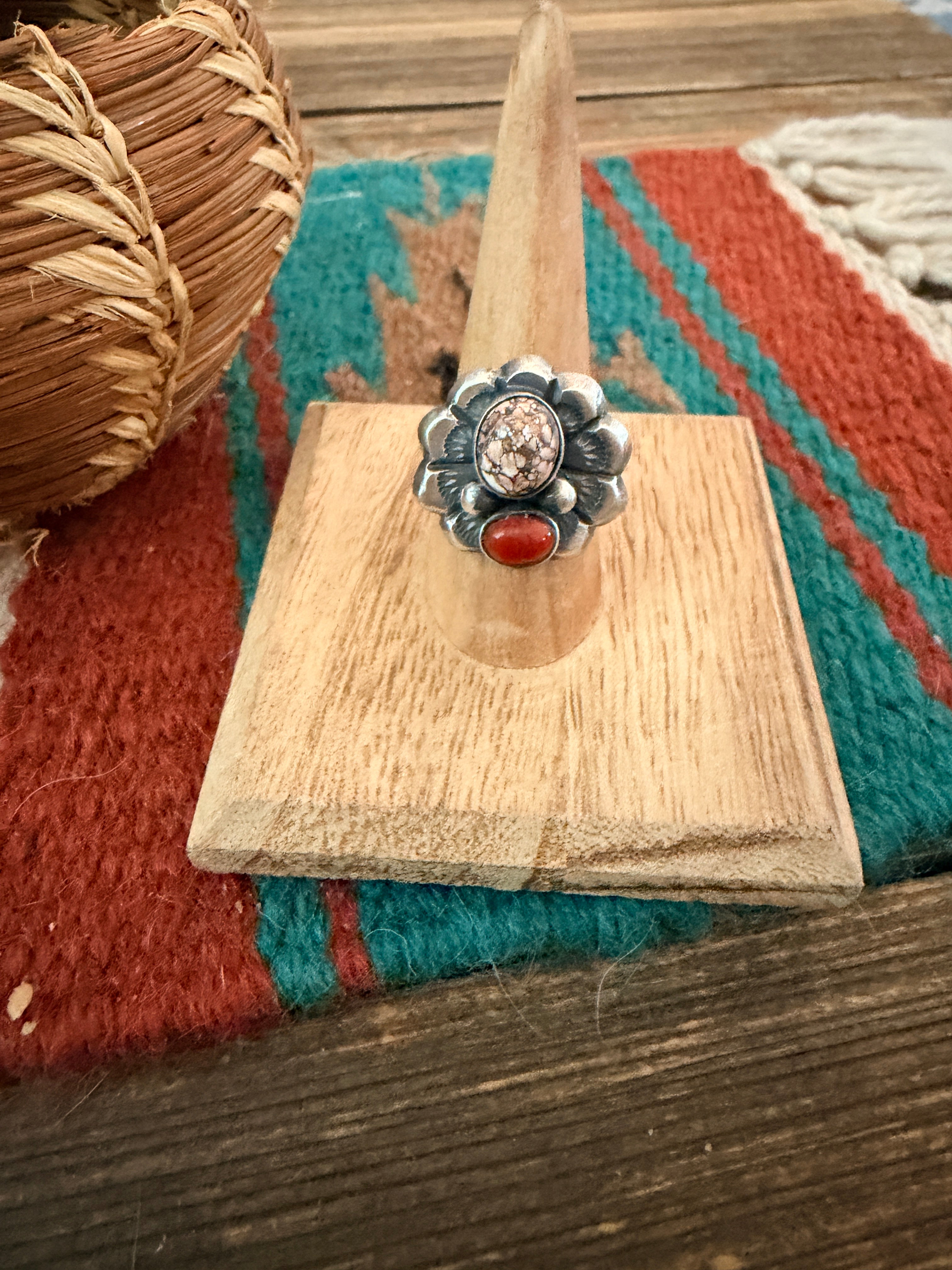 Handcrafted Coral, Wild Horse and Sterling Silver Flower Ring size 8 by Chimney Butte