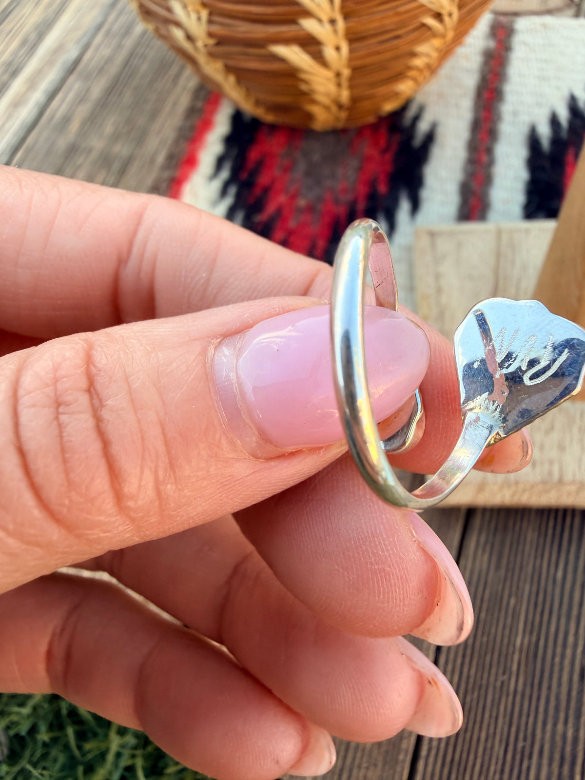 Handcrafted Pink Opal & Sterling Silver Inlay Heart Adjustable Ring