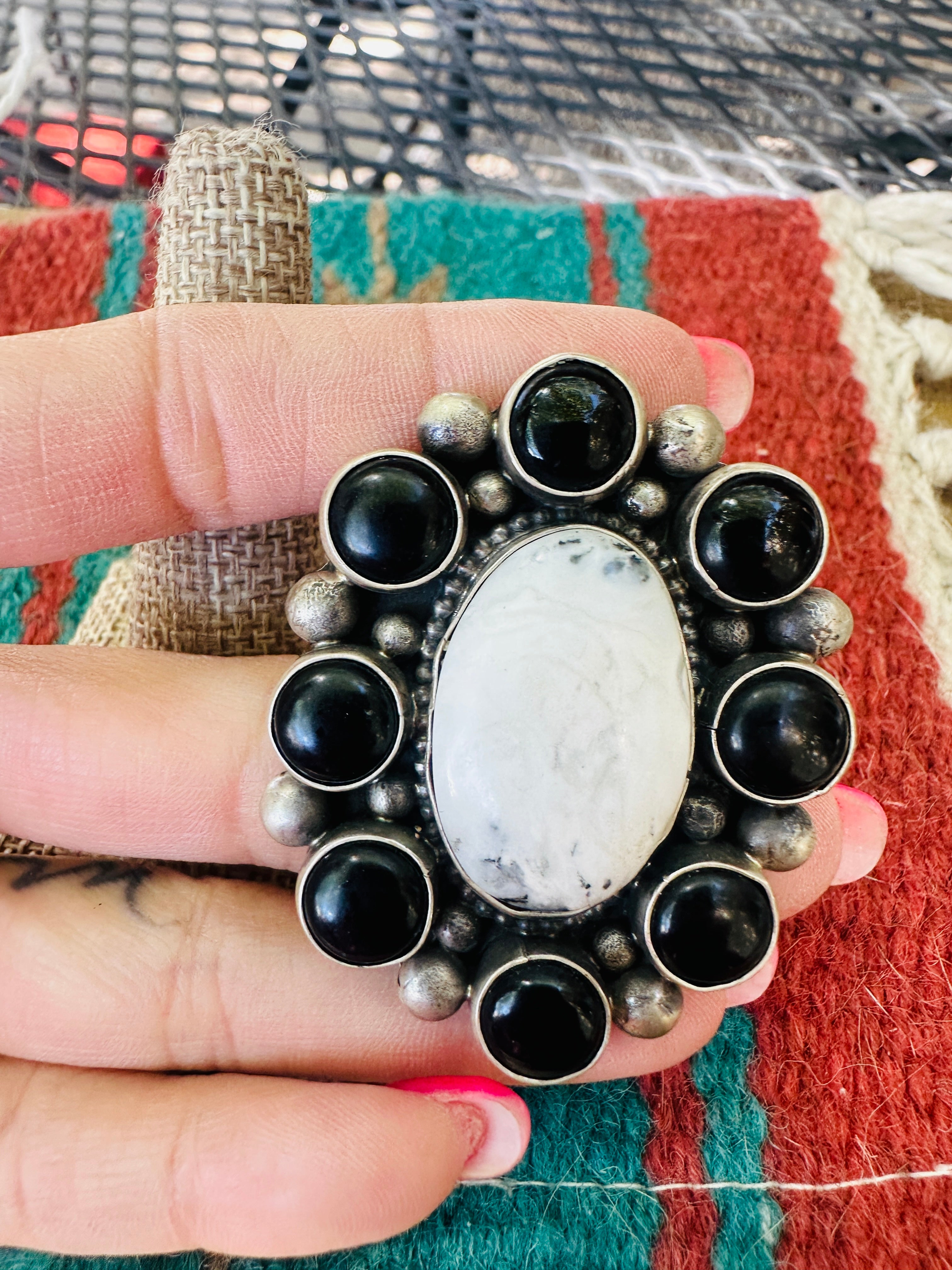Handcrafted Sterling Silver, White Buffalo & Onyx Cluster Adjustable Ring