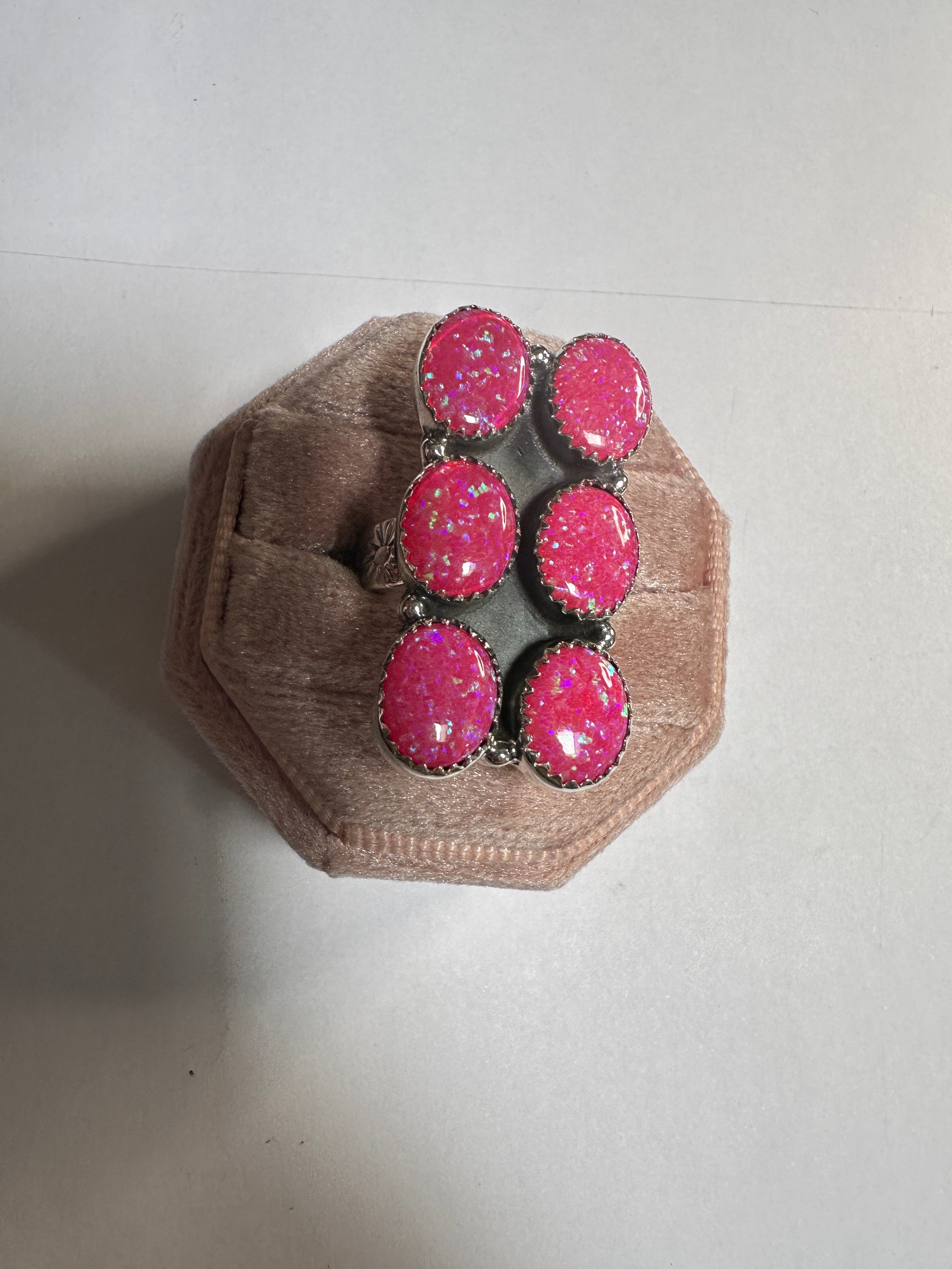 Handmade Pink Fire Opal And Sterling Silver Adjustable 6 Stone Ring