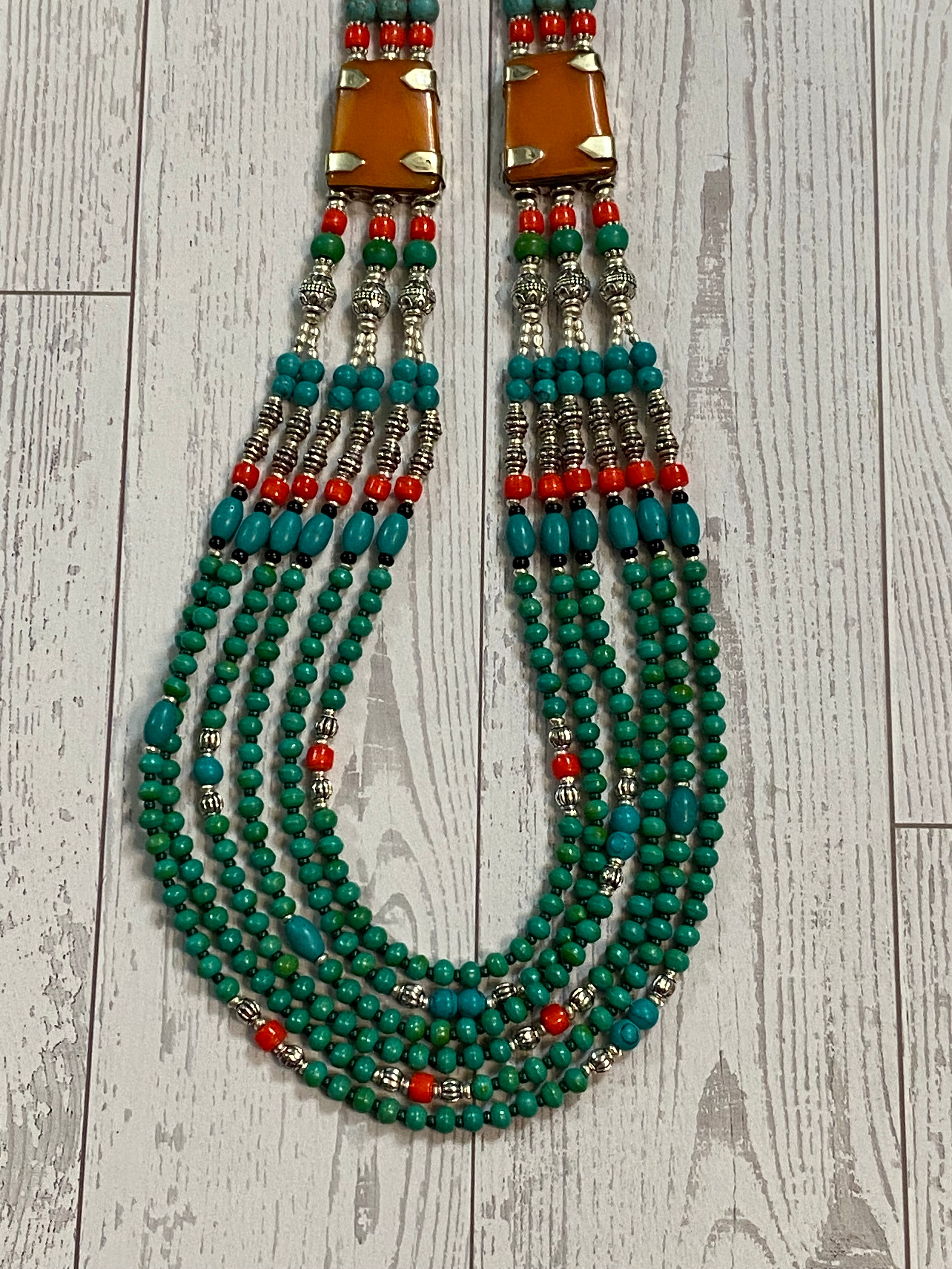 Silver Plated Tibetan Style Six Strand Turquoise, Red Coral, & Orange Spiny Beaded Necklace