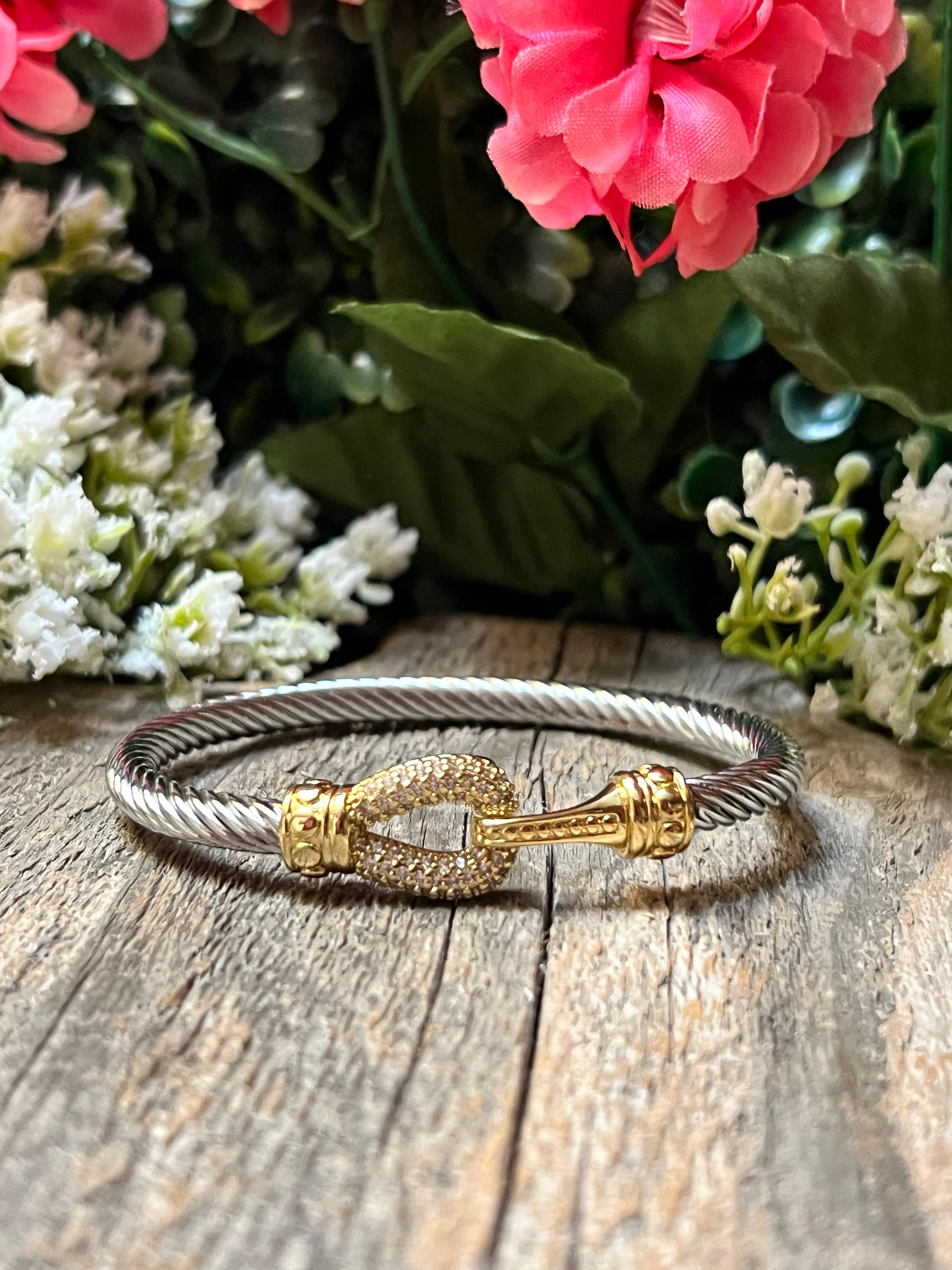 Silver & 14k Gold Plated Two Tone Cable Hook CZ Bangle Bracelet