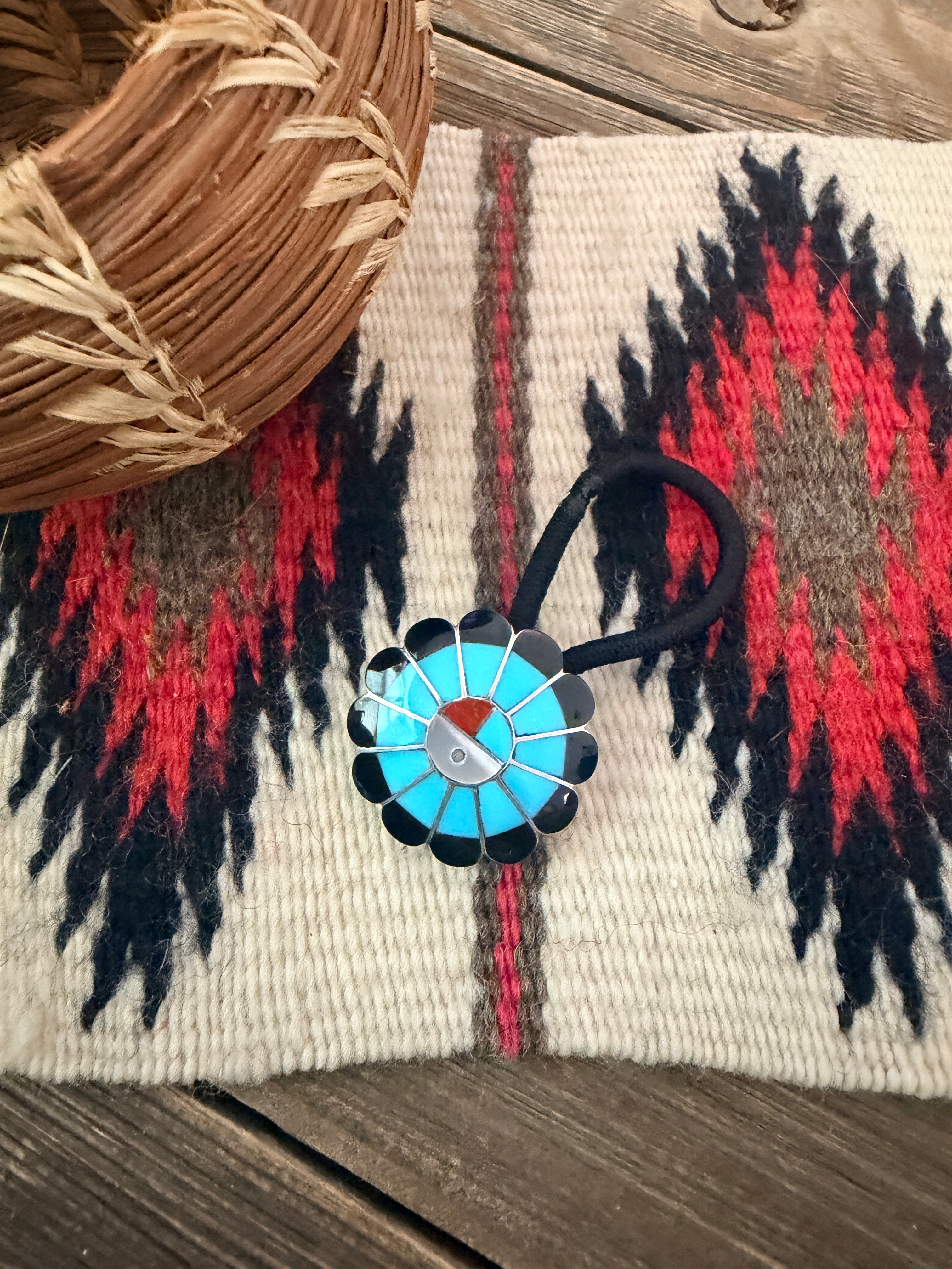 Handcrafted Multi Stone & Sterling Silver Inlay Sun Face Hair Tie Charm