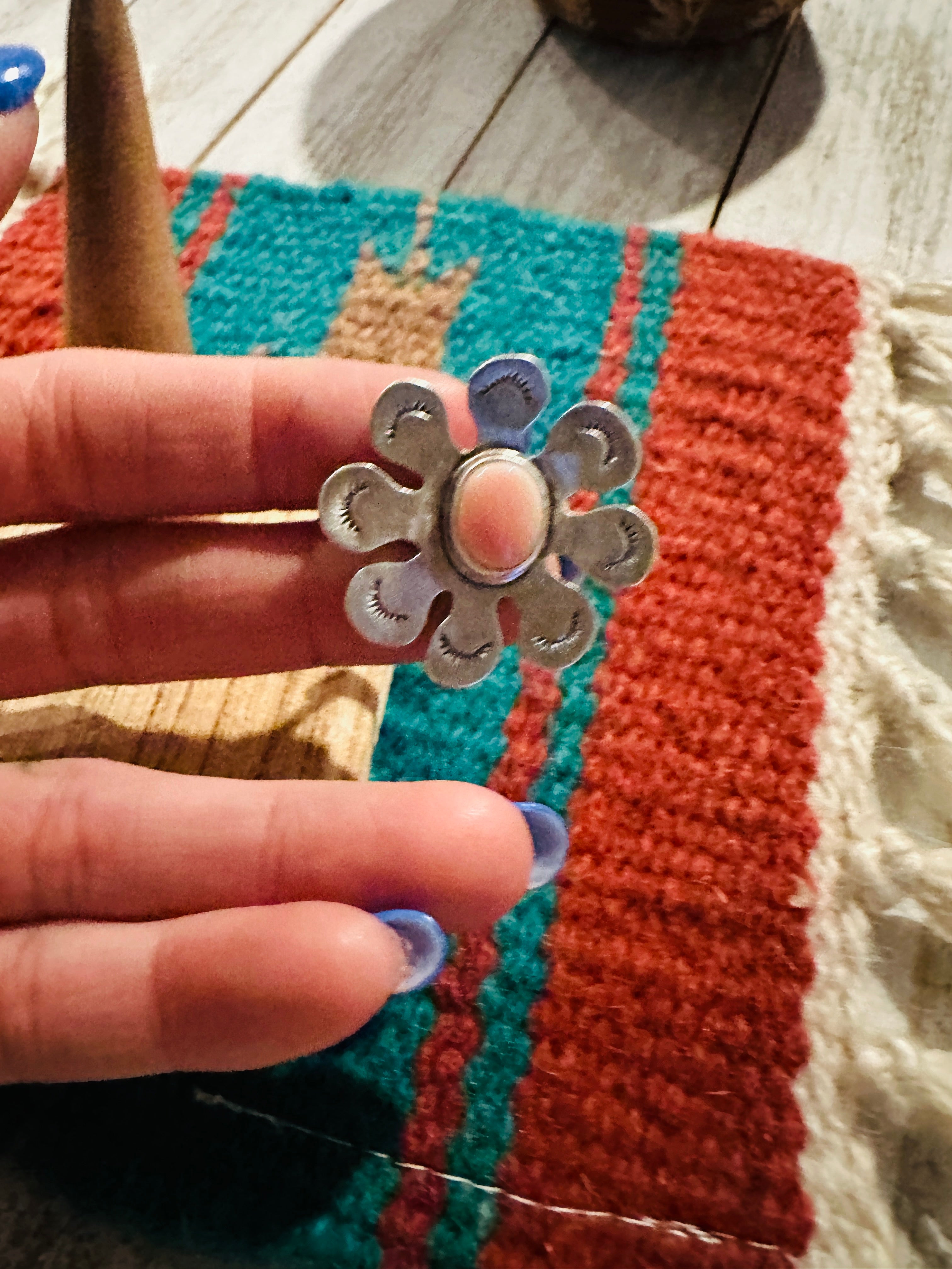 Handcrafted Sterling Silver & Queen Pink Conch Shell Adjustable Flower Ring