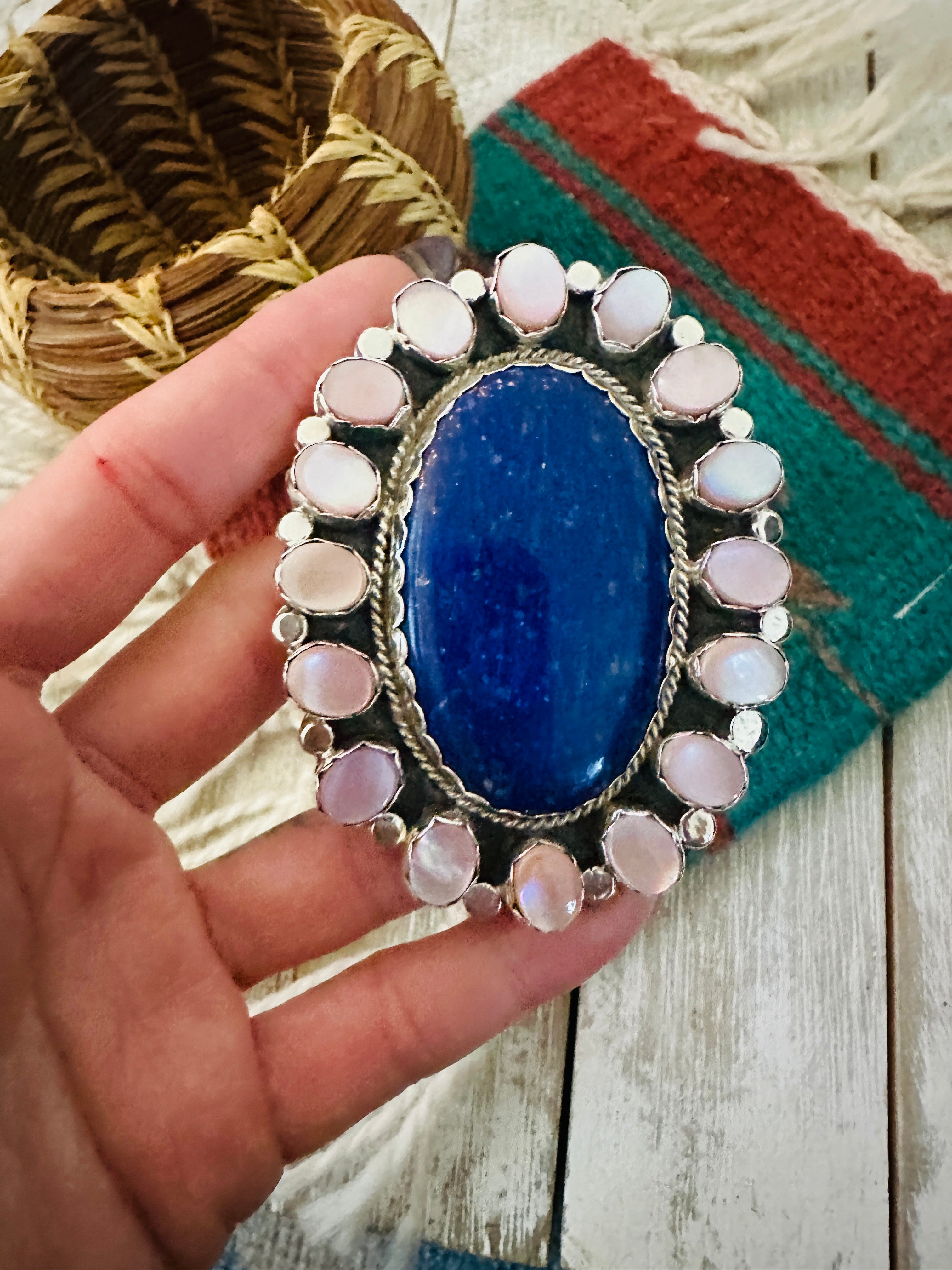 Handcrafted Lapis, Mother of Pearl Oyster & Sterling Silver Cluster Ring Size 9