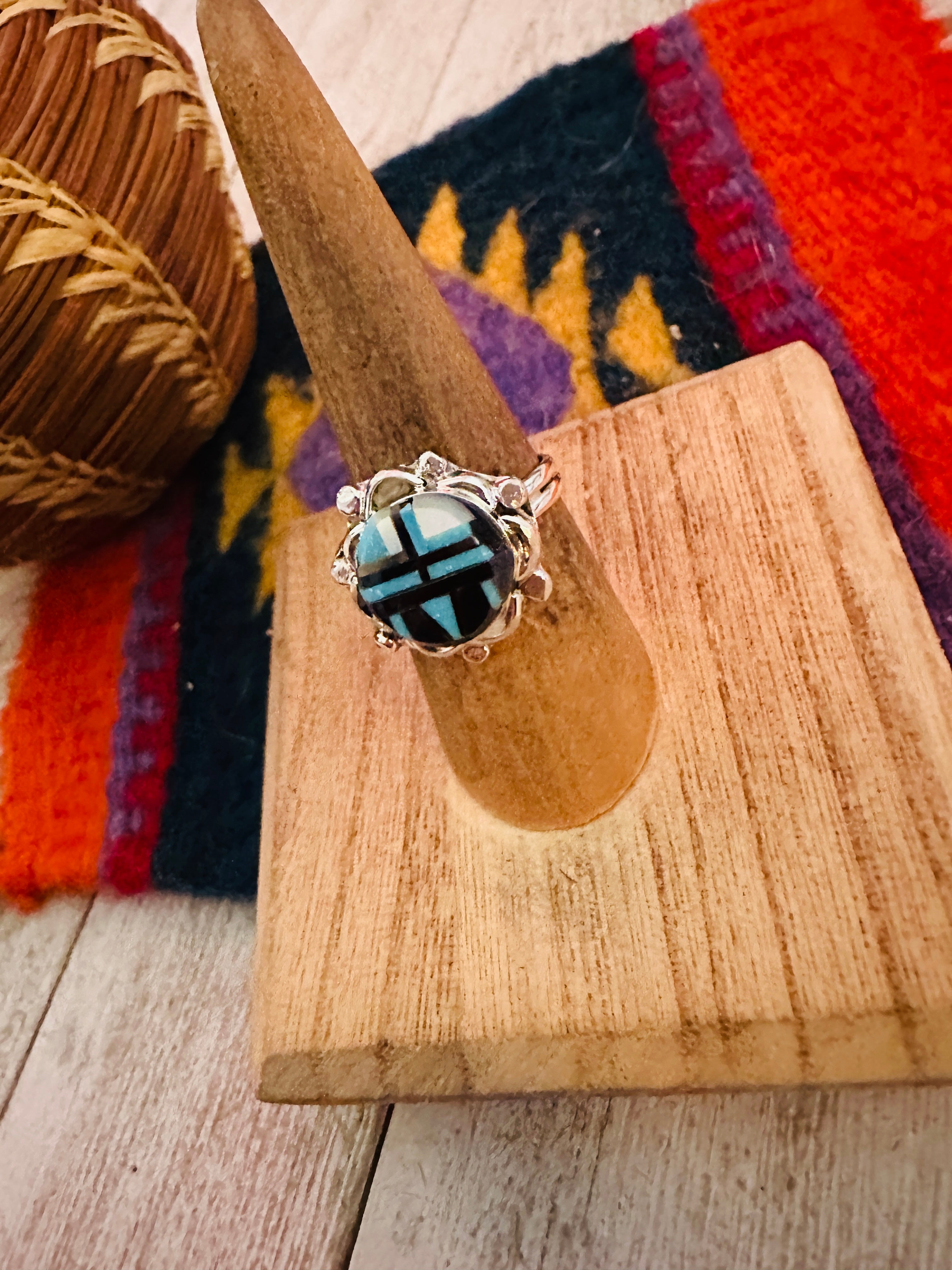 Handcrafted Multi Stone & Sterling Silver Inlay Ring Size 7