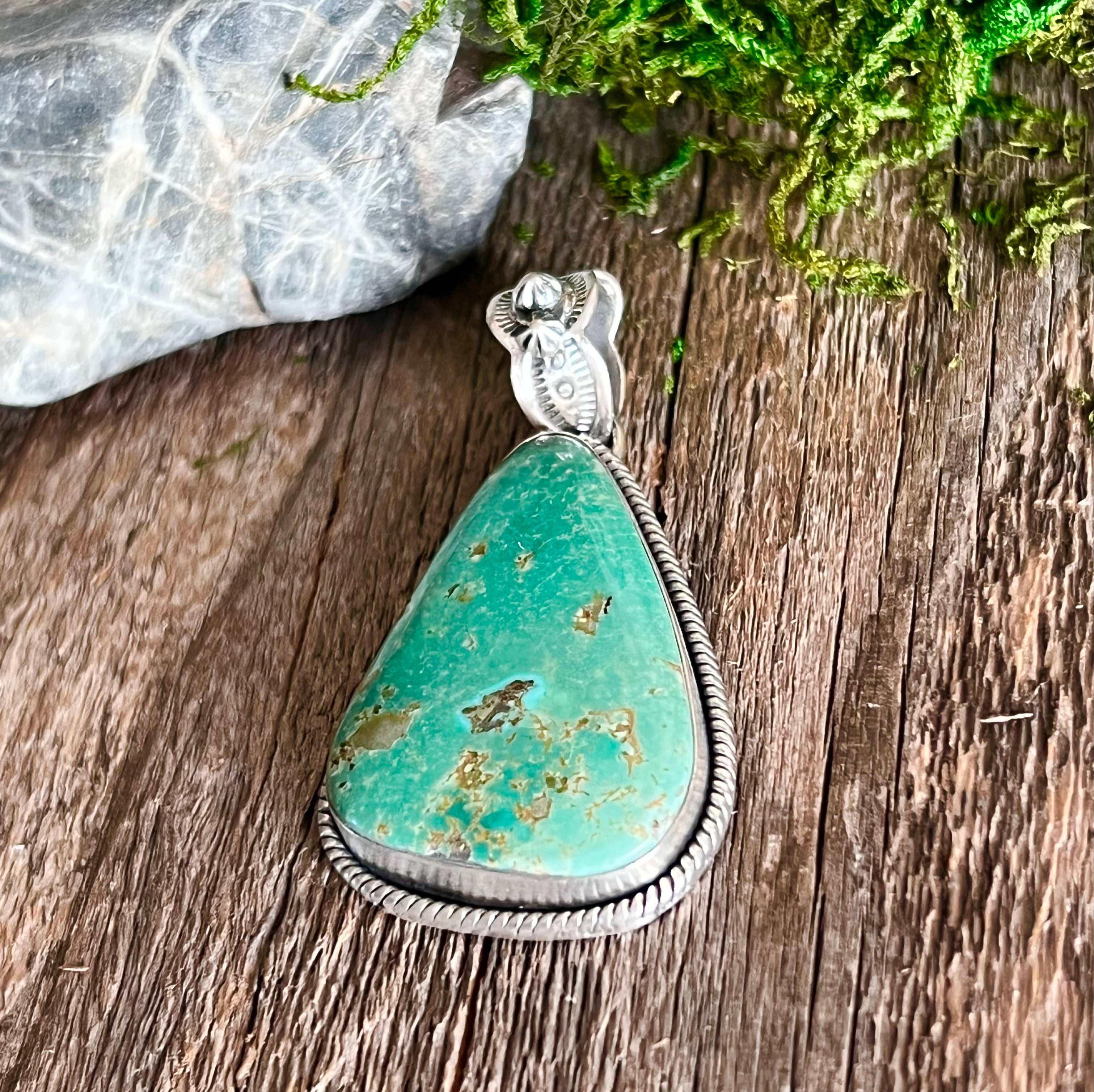Handmade Green Turquoise Tear Drop Sterling Silver Pendant