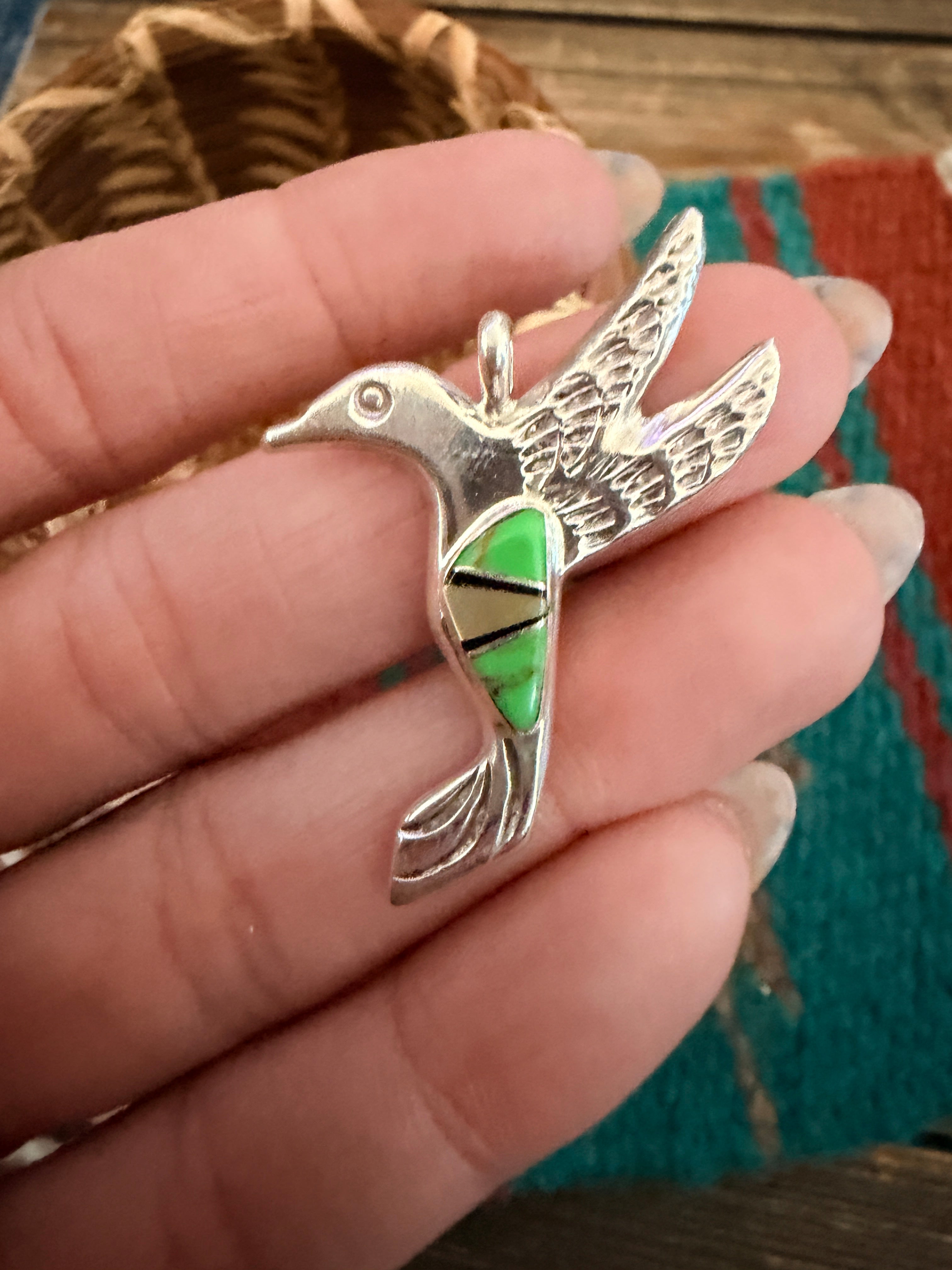 Handcrafted Sterling Silver and Multi Stone Inlay Hummingbird Pendant