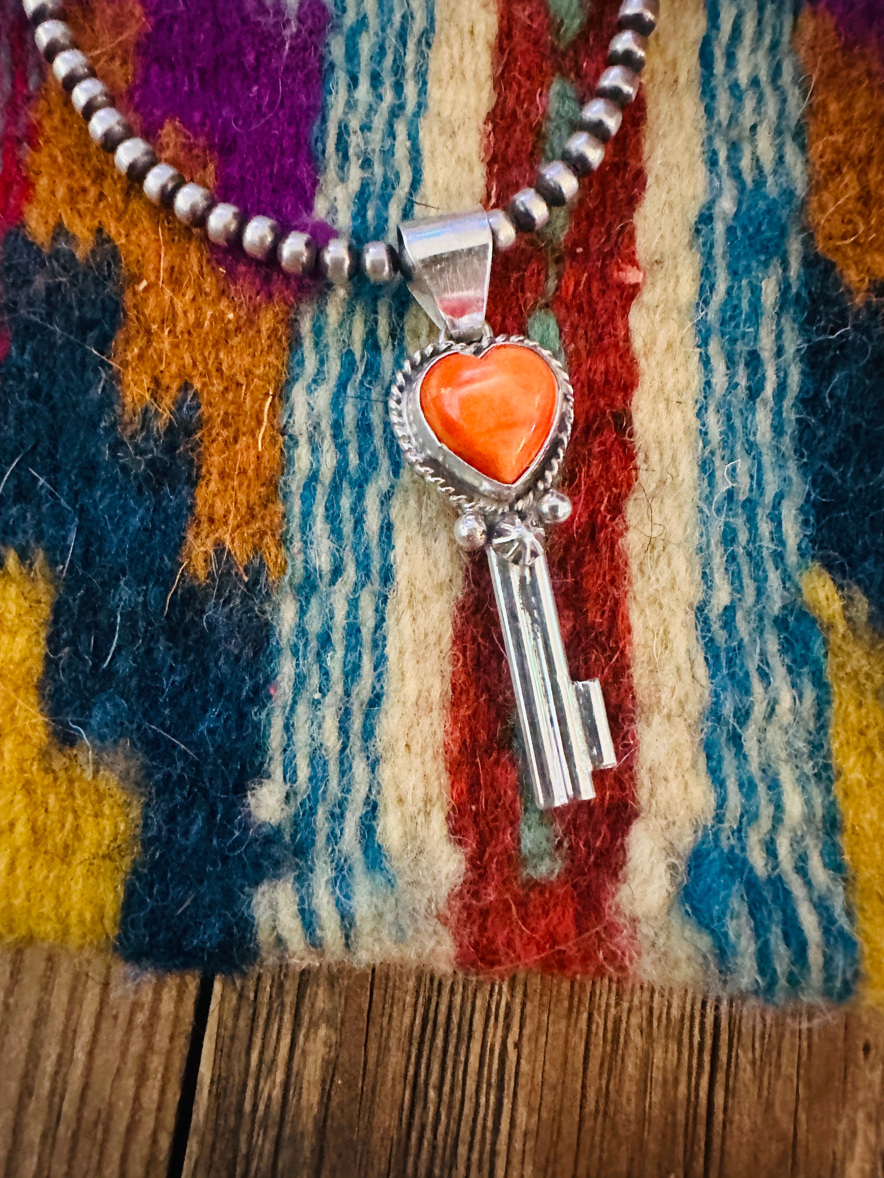 Handcrafted Spiny Oyster & Sterling Silver Heart Key Pendant