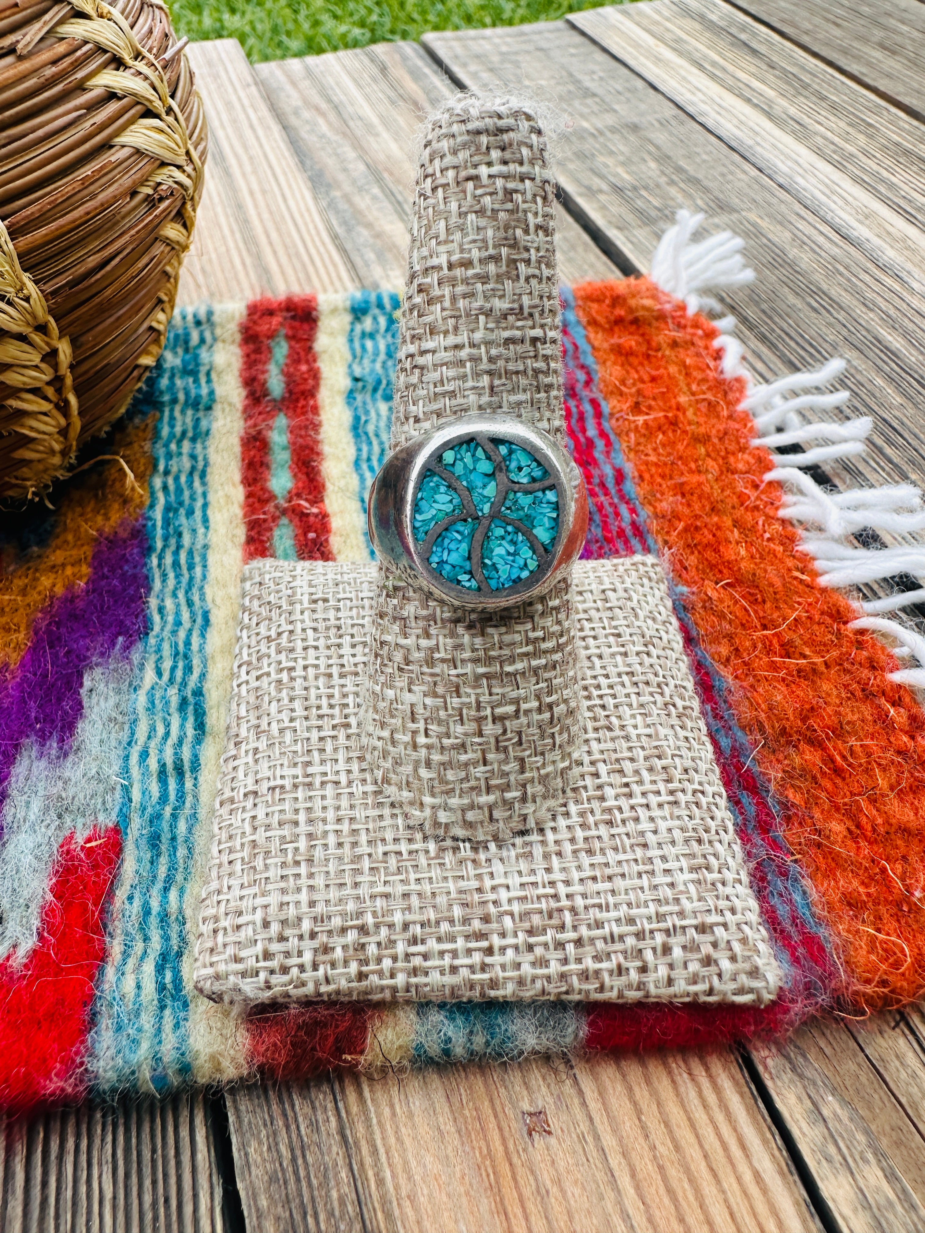 Old Pawn Handcrafted Turquoise & Sterling Silver Inlay Ring Size 8.5