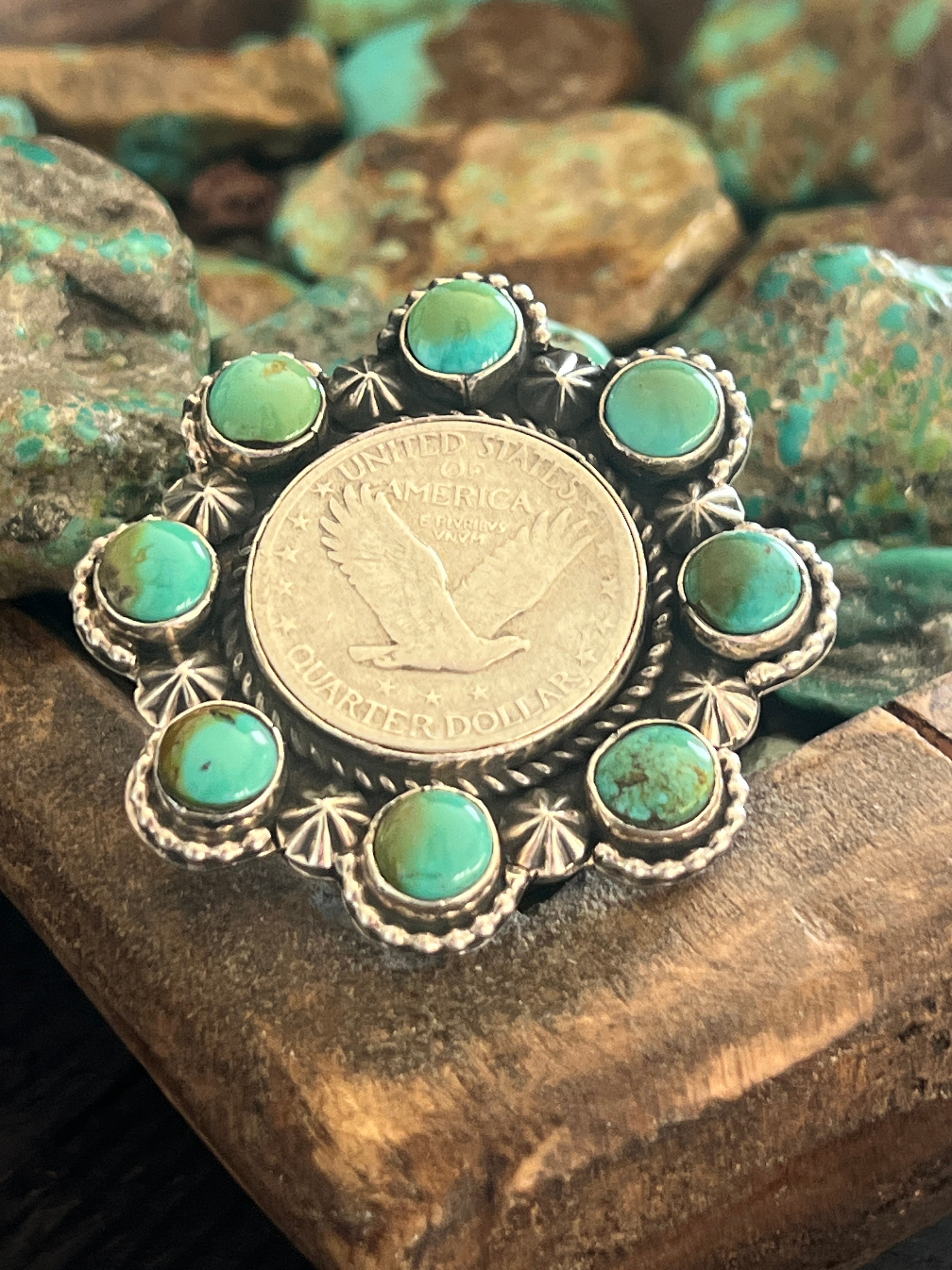 Handcrafted Sterling Silver, Barber Quarter and Hubei Turquoise Cluster Ring by Rosella Paxson, Size 8