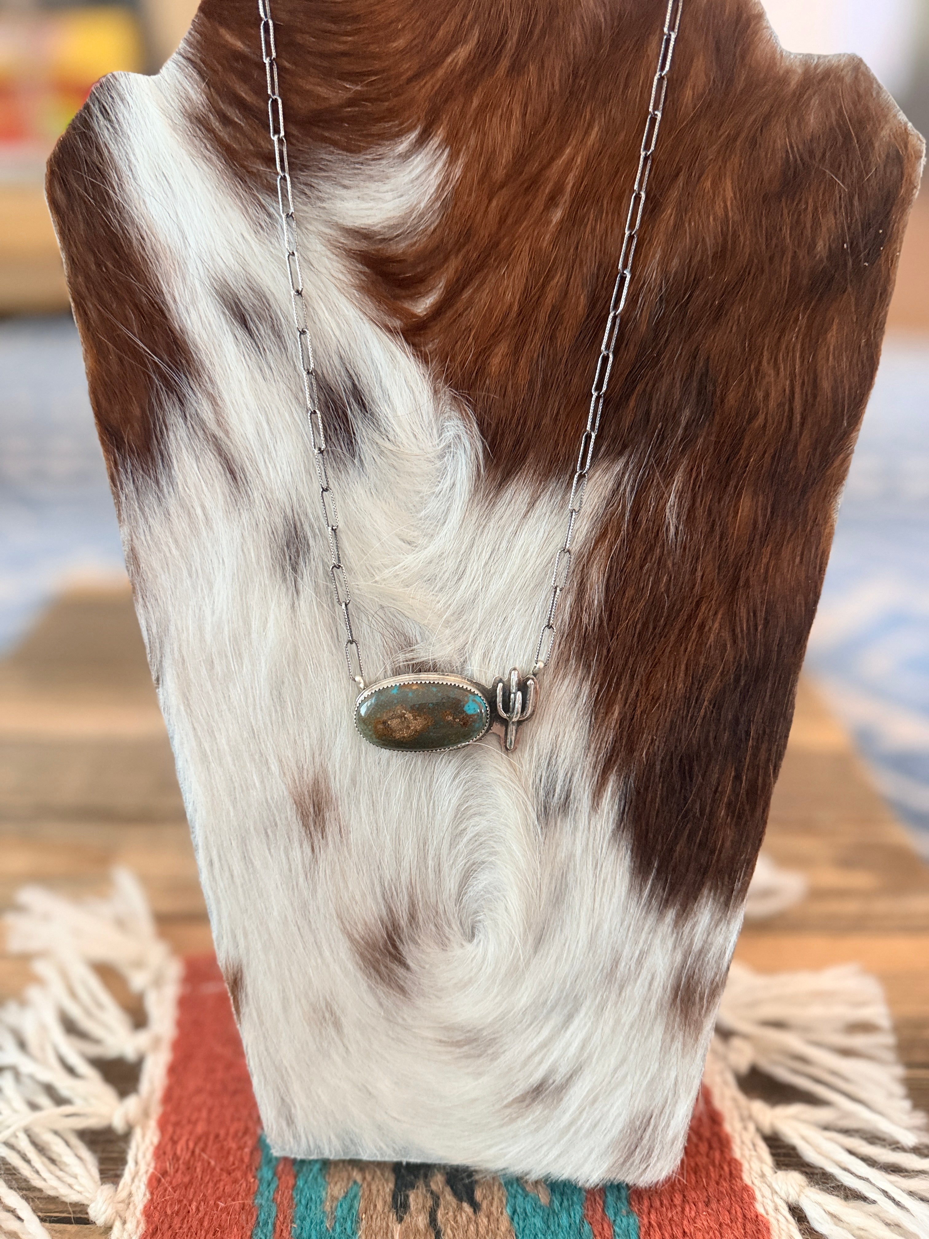 Handmade Sterling Silver & Royston Turquoise Cactus Necklace