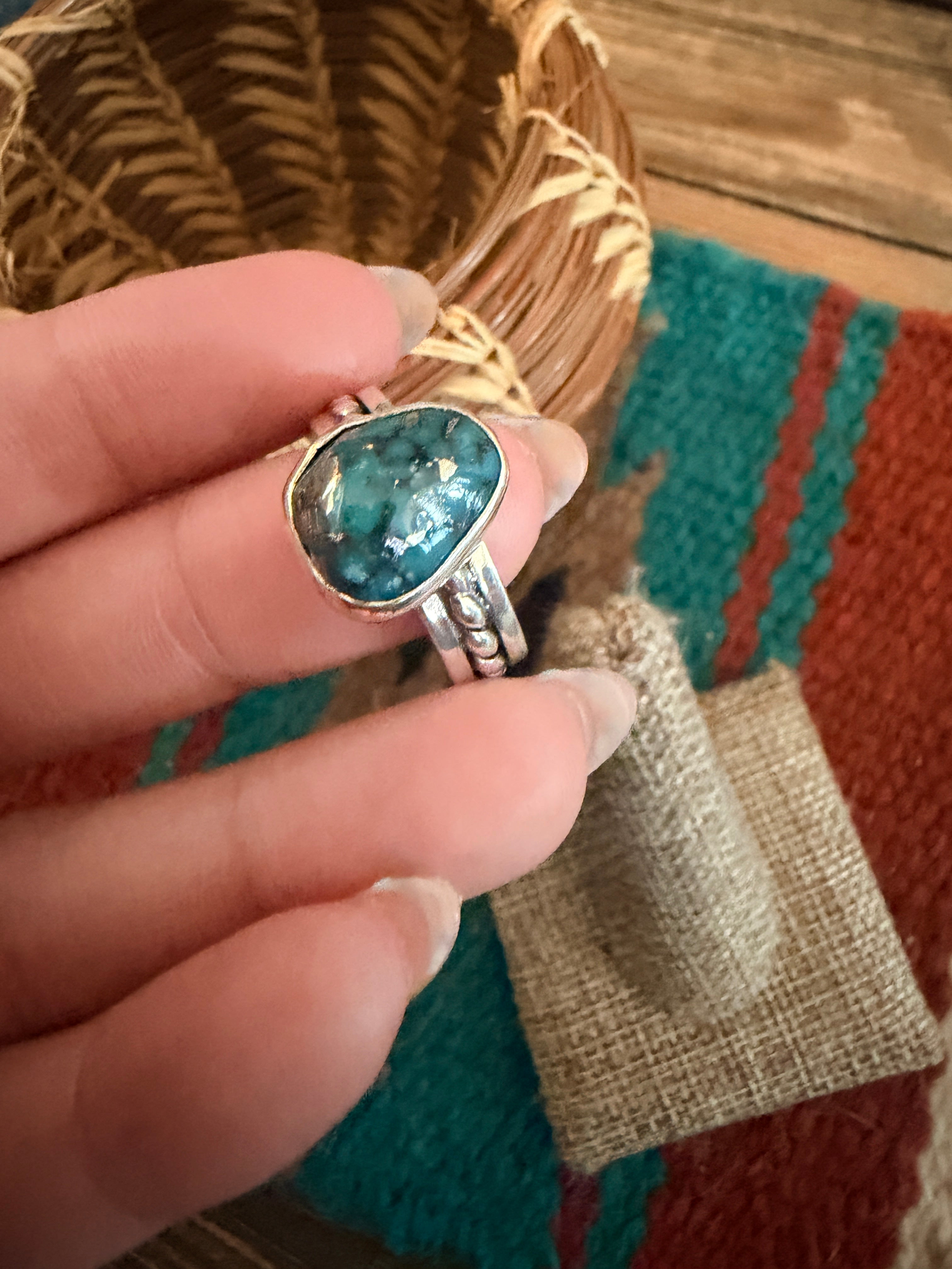 Handcrafted Turquoise & Sterling Silver Ring Size 9