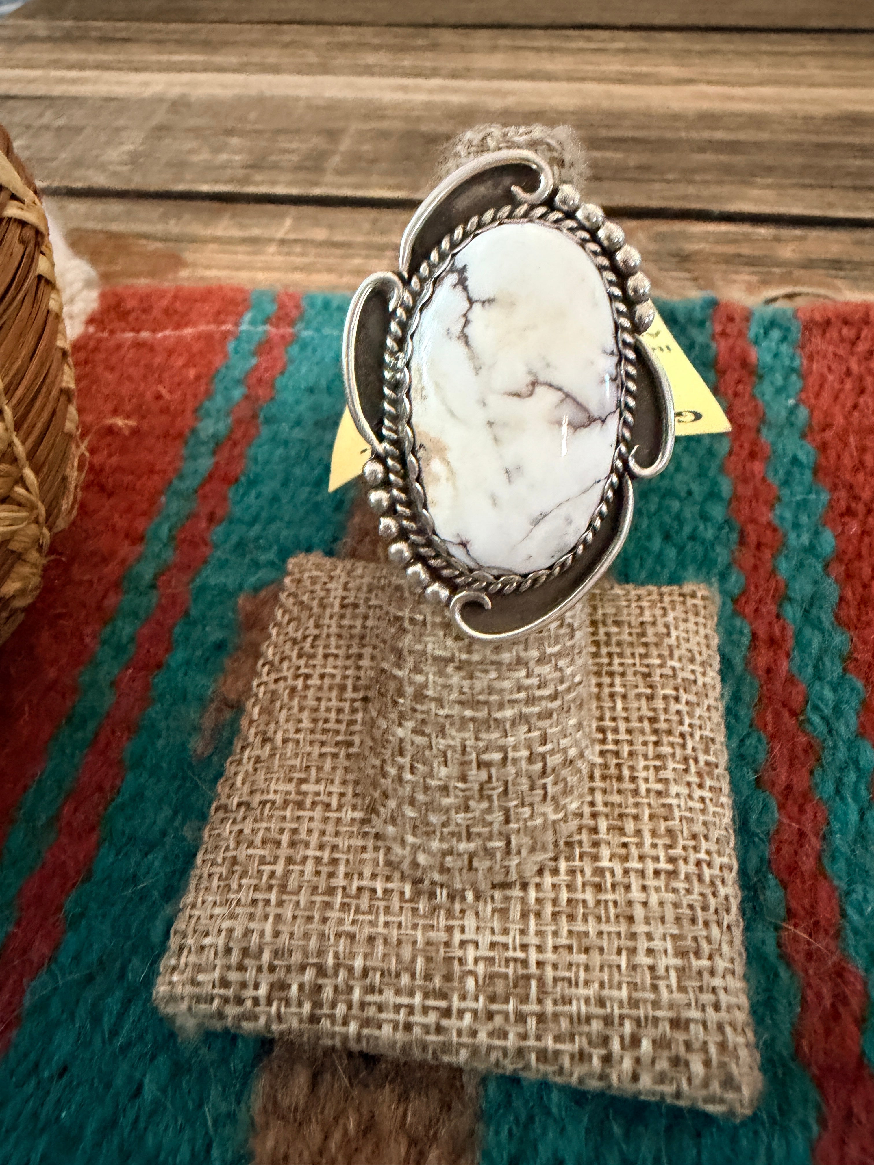 Old Pawn Handcrafted White Buffalo & Sterling Silver Ring Size 6.75