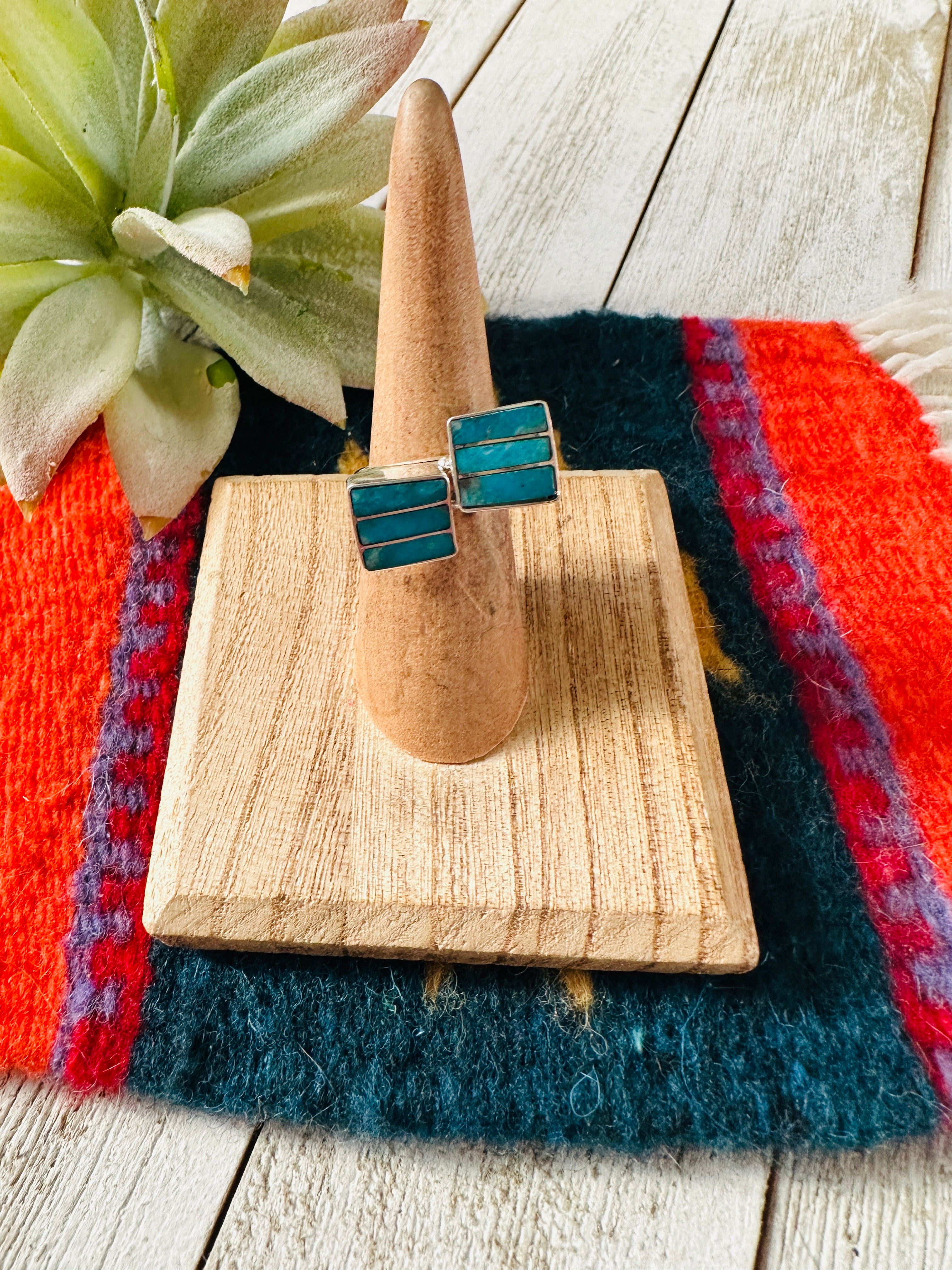 Handcrafted Turquoise & Sterling Silver Inlay Square Adjustable Ring