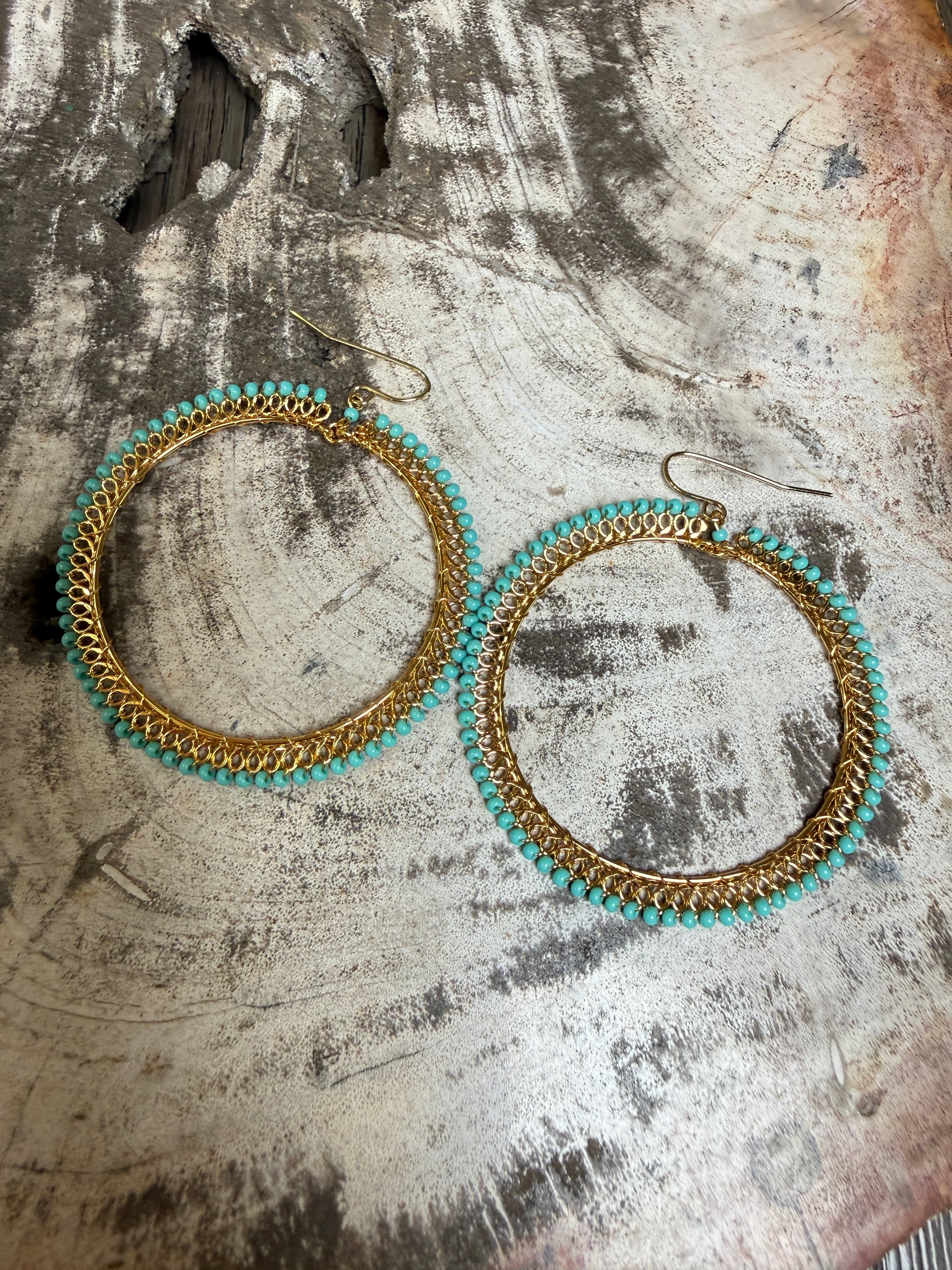 “The Golden Collection” Spring Fever Hoop Handmade Turquoise Beaded & 14k Gold Plated Hoop Earrings