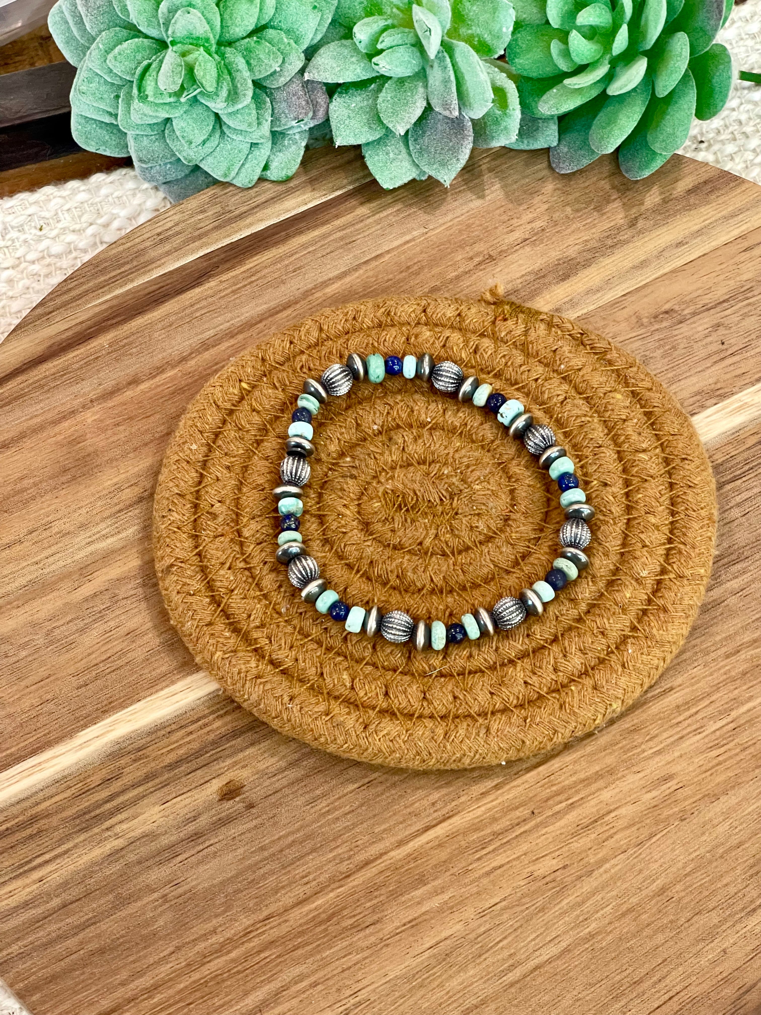 Handmade Sterling Silver, Turquoise & Lapis Beaded Bracelet with Signed Nizhoni