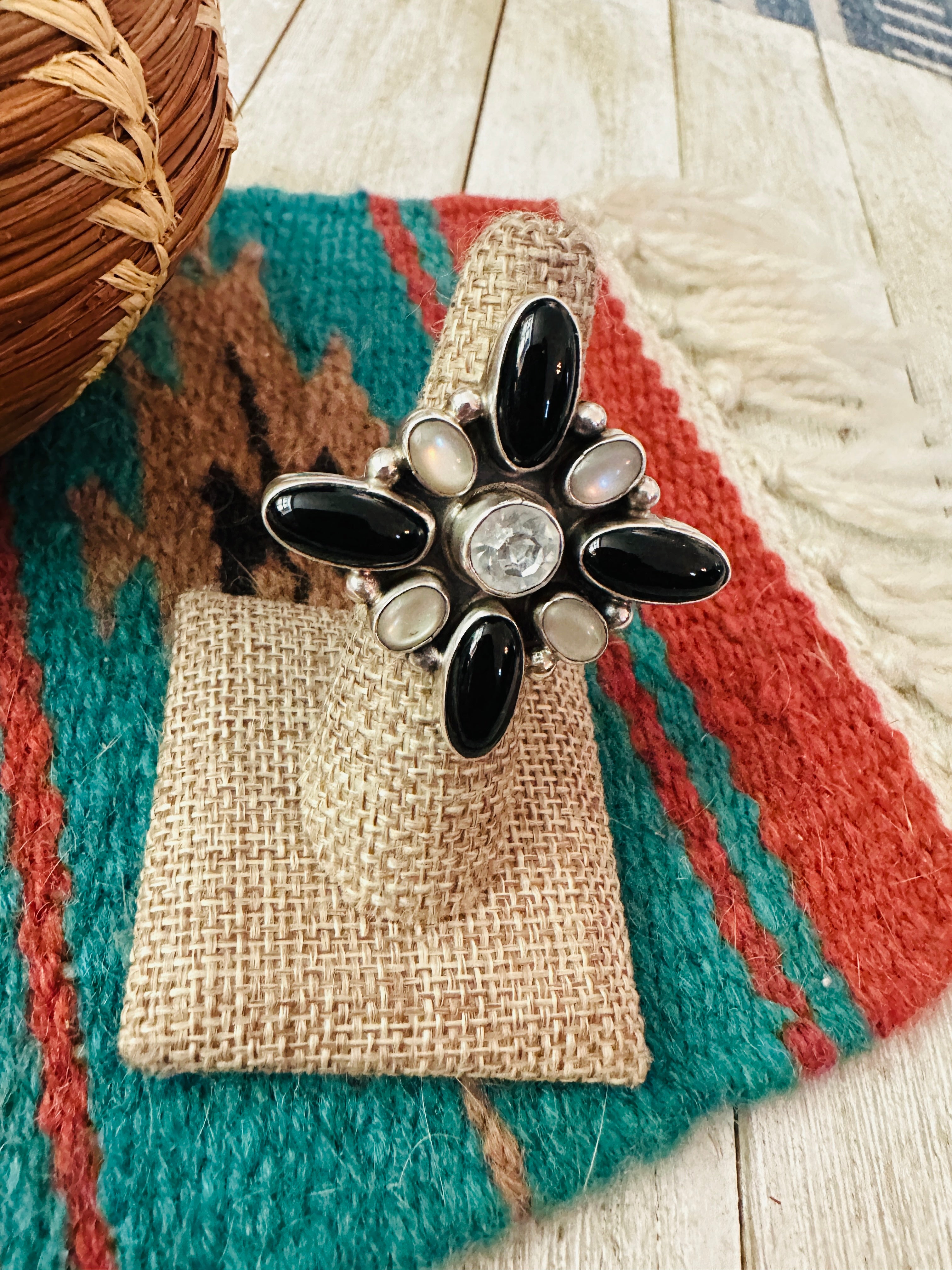 Handcrafted Mother of Pearl, Onyx & Sterling Silver Adjustable Ring by Jacqueline Silver