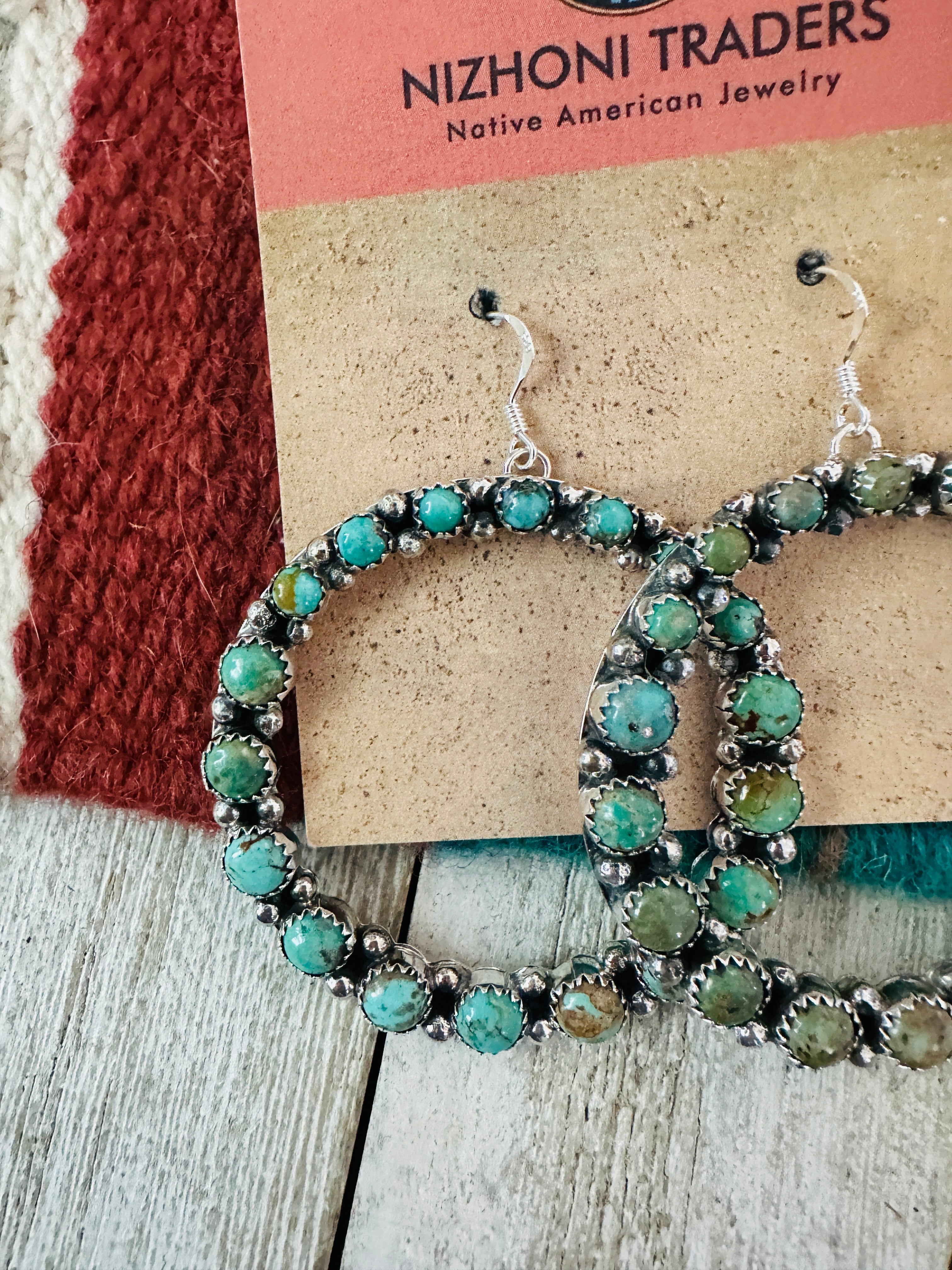 Navajo Turquoise and Sterling Silver Dangle Hoop Earrings