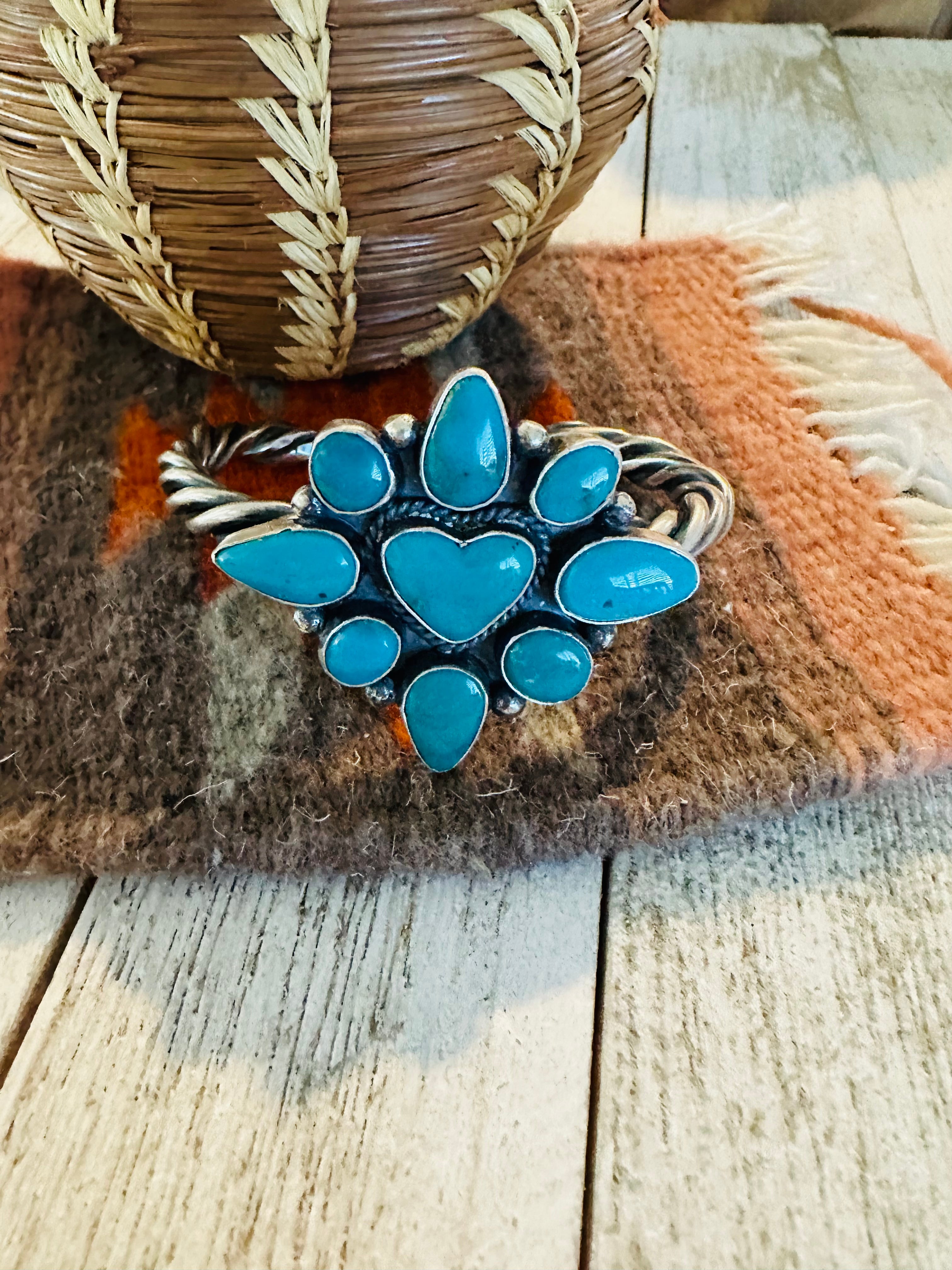 Navajo Kingman Turquoise & Sterling Silver Heart Cuff Bracelet /