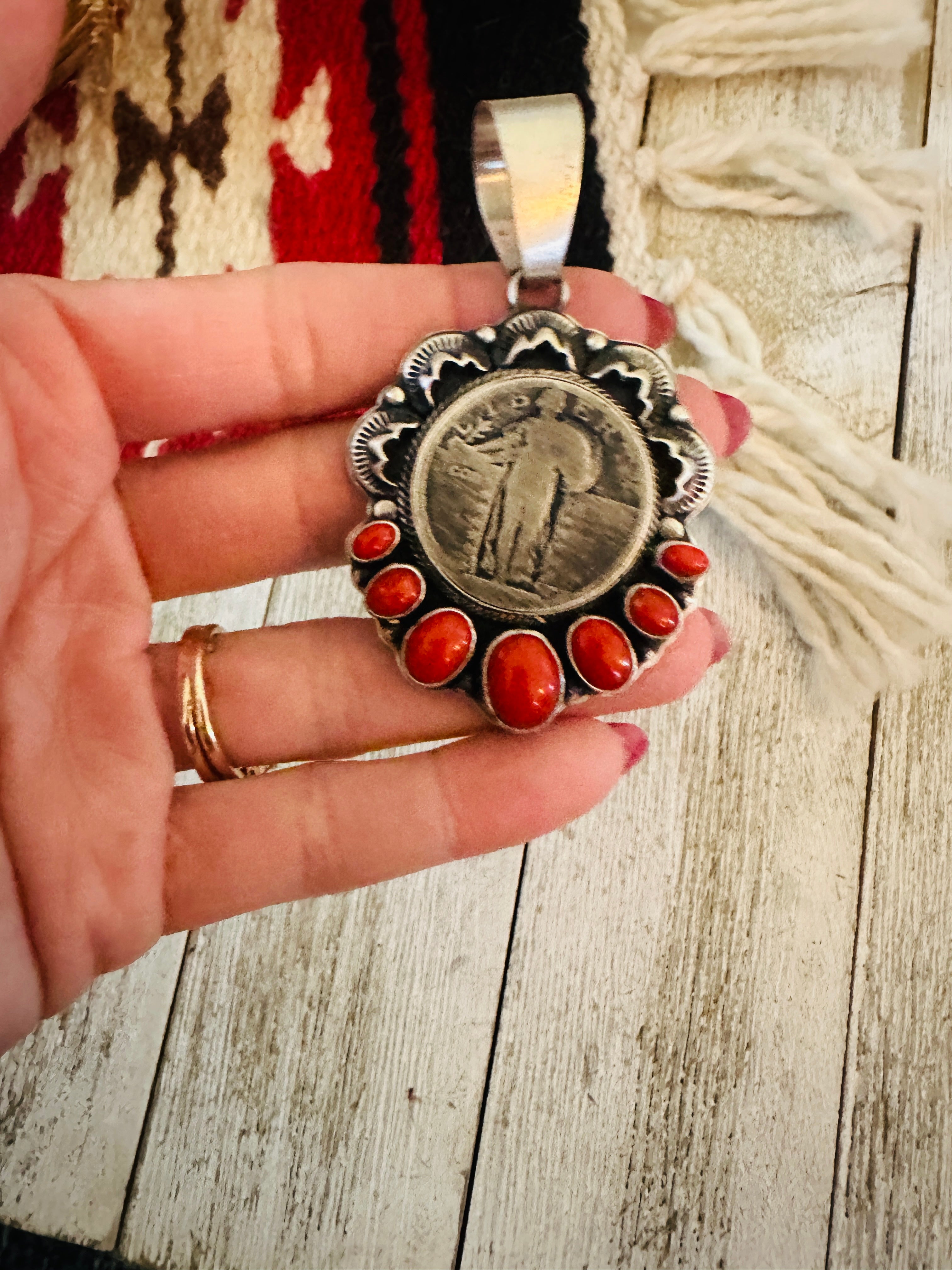 Handcrafted Sterling Silver and Coral Liberty Coin Pendant by Randy Boyd