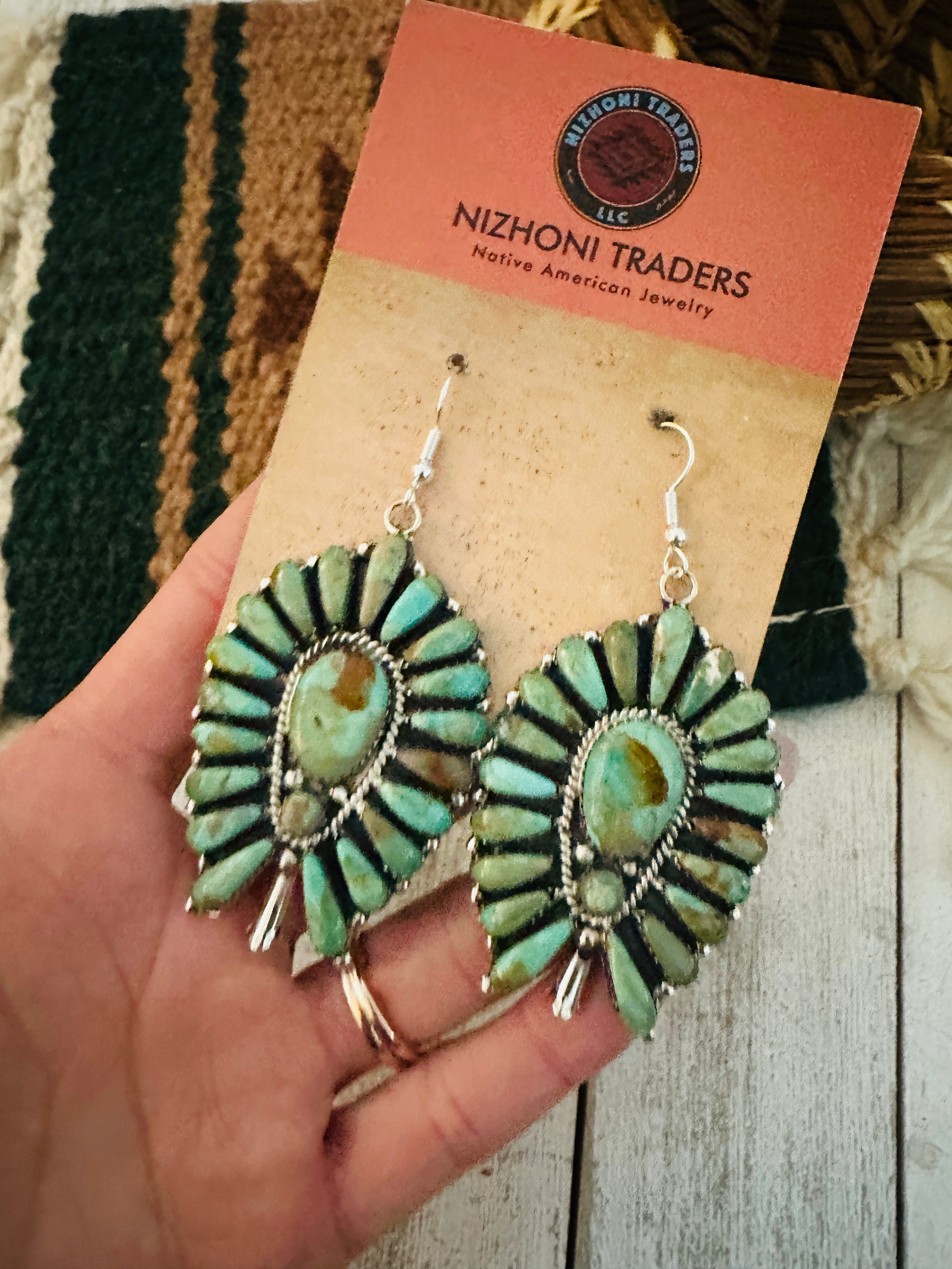 Handcrafted Royston Turquoise & Sterling Silver Cluster Blossom Dangle Earrings