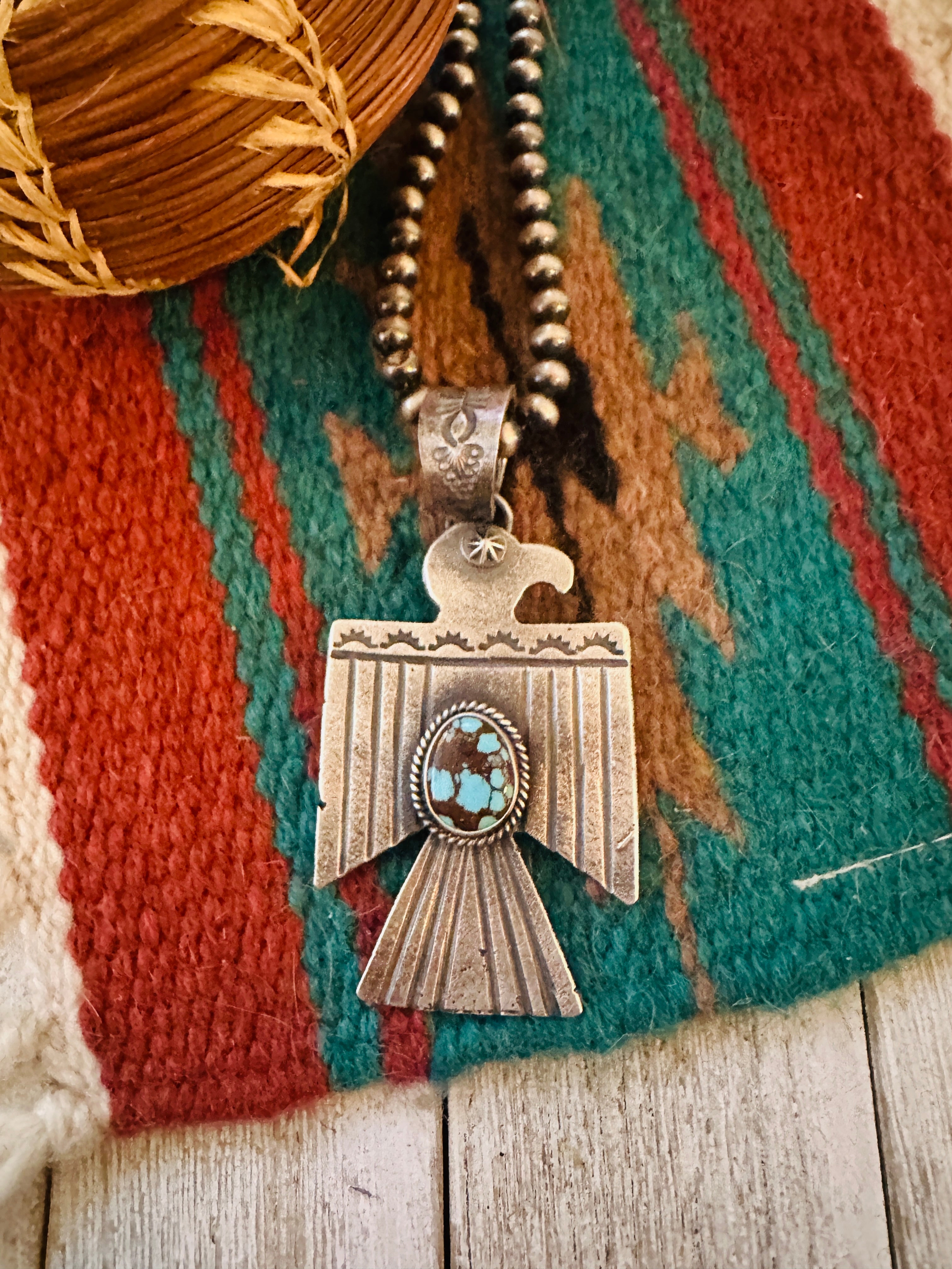 Handcrafted Sterling Silver & Turquoise Number 8 Thunderbird Pendant by Kevin Billah