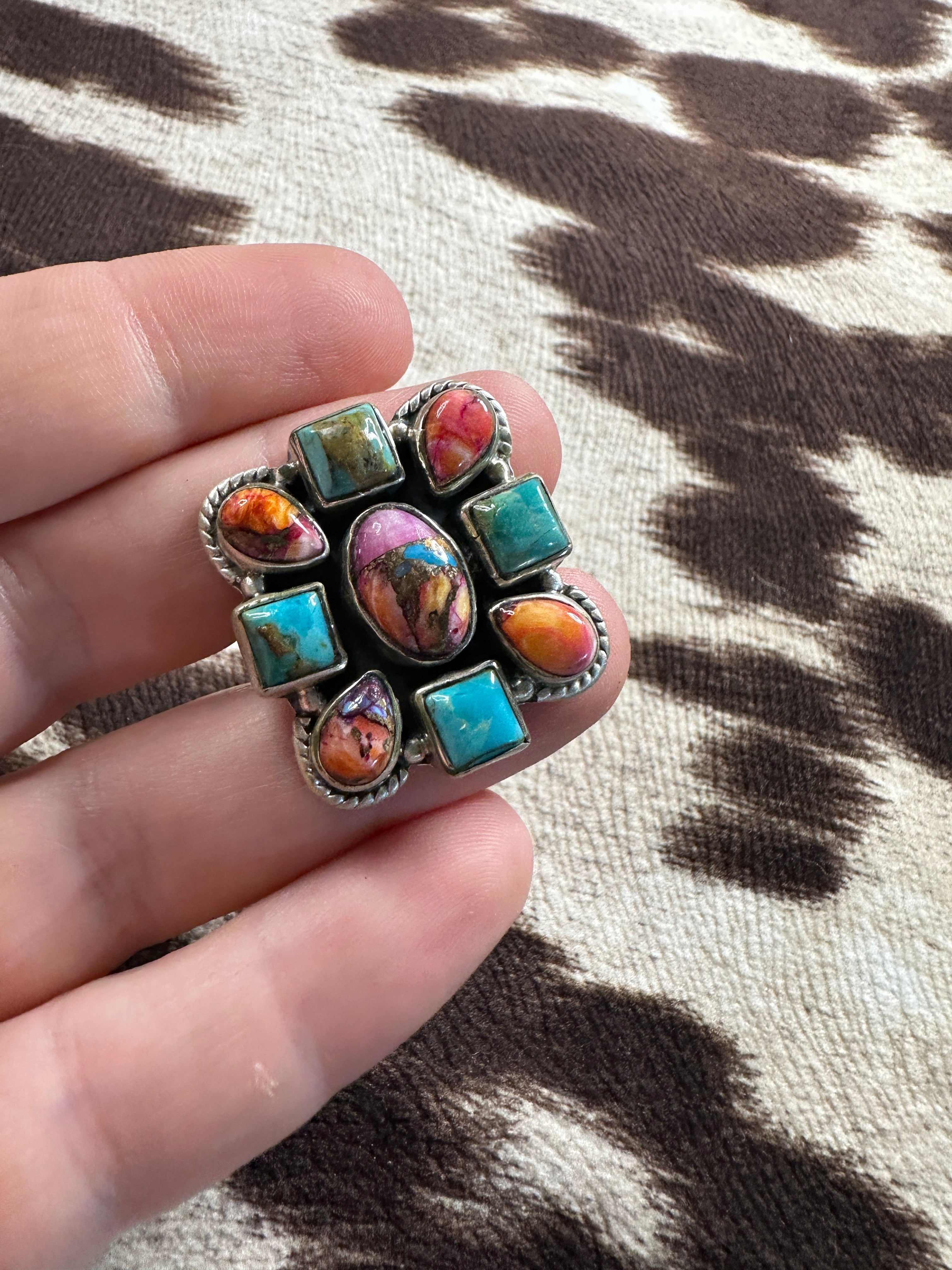 Handmade Pink Dream Mojave, Turquoise & Sterling Silver Adjustable Ring -multi stones