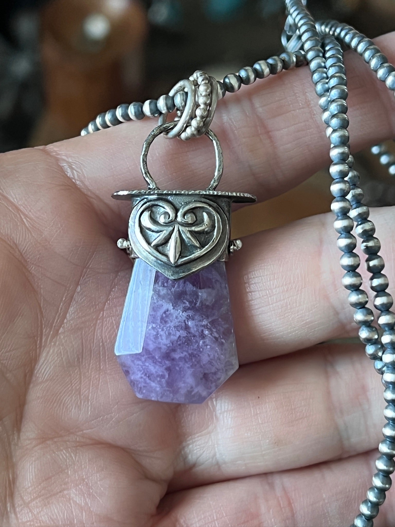 Sterling Silver Gem Collector 30” + 2” Beaded Necklace w/ Amethyst & Heart Pendant