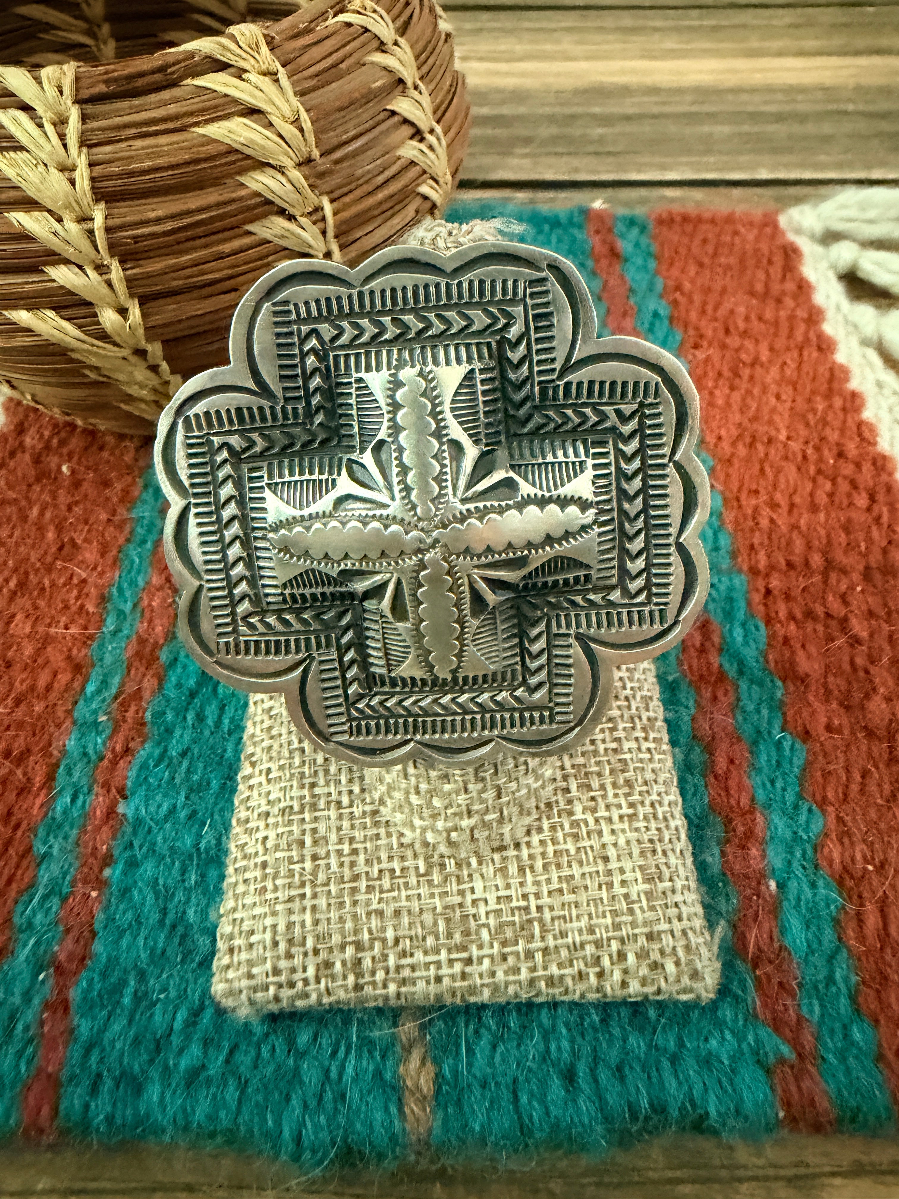 Handcrafted Sterling Silver Adjustable Cross Concho Ring by Leander Tahe