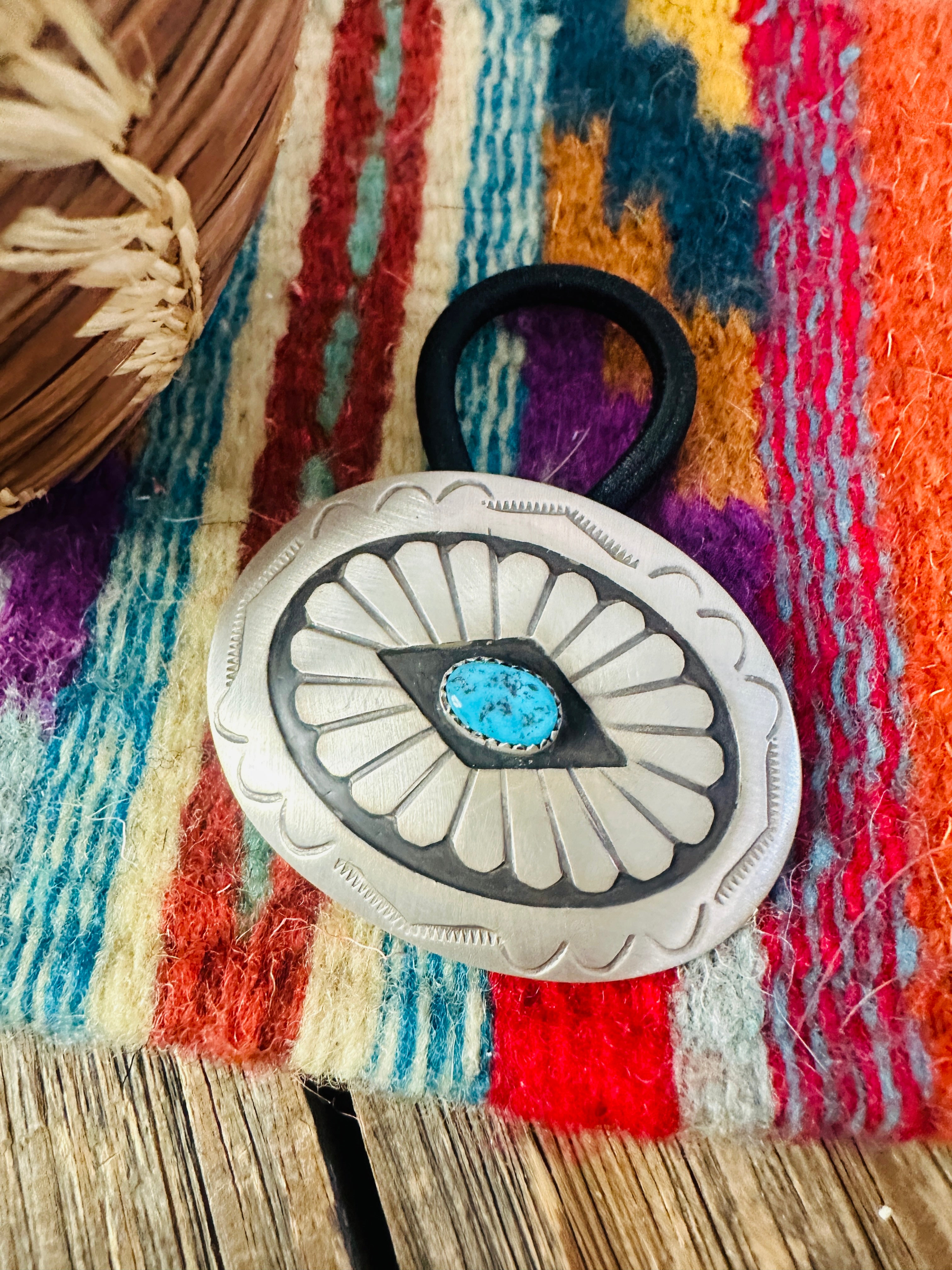 Handcrafted Turquoise & Sterling Silver Concho Hair Tie