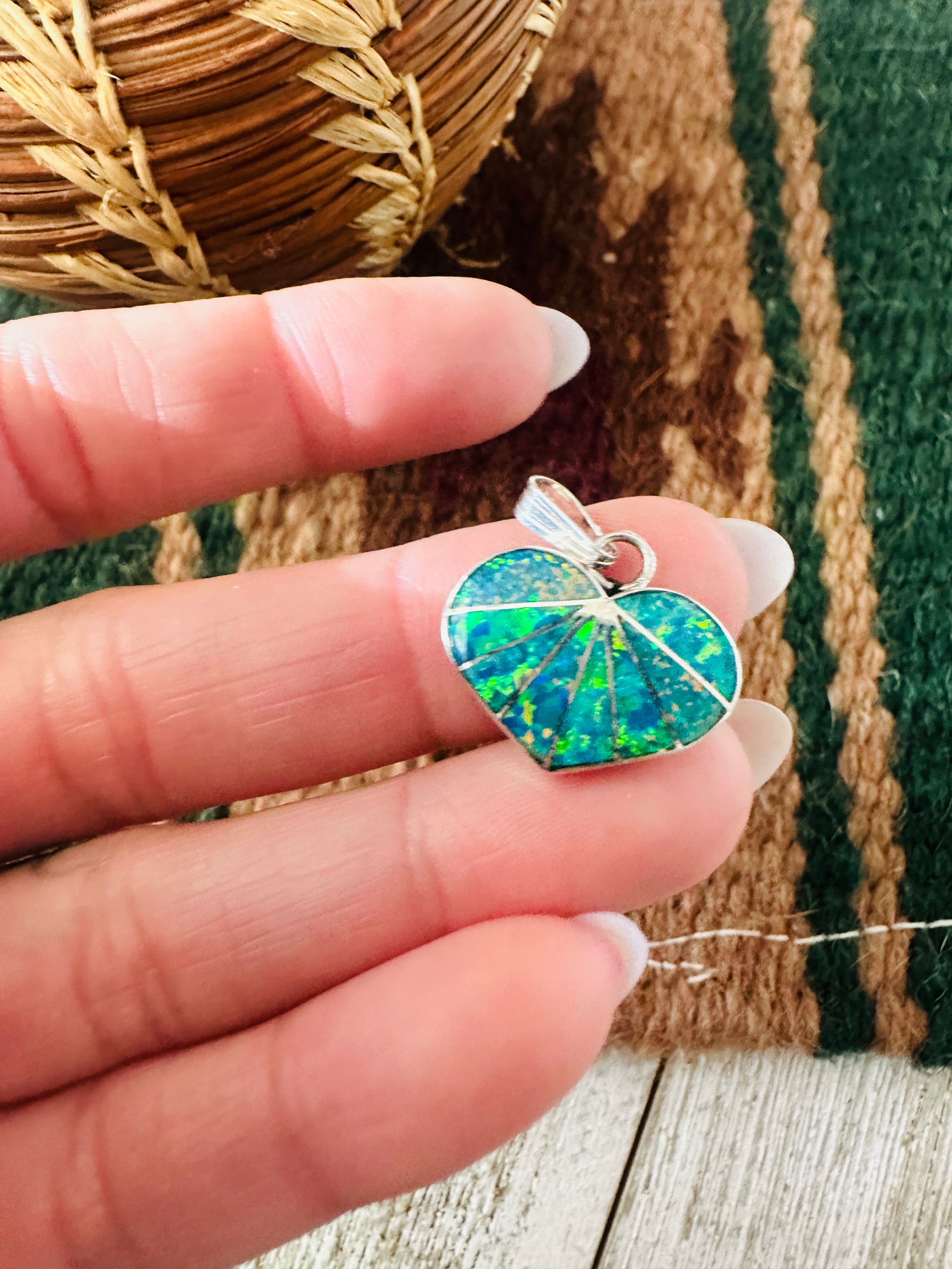 Handcrafted Blue Opal & Sterling Silver Inlay Heart Pendant