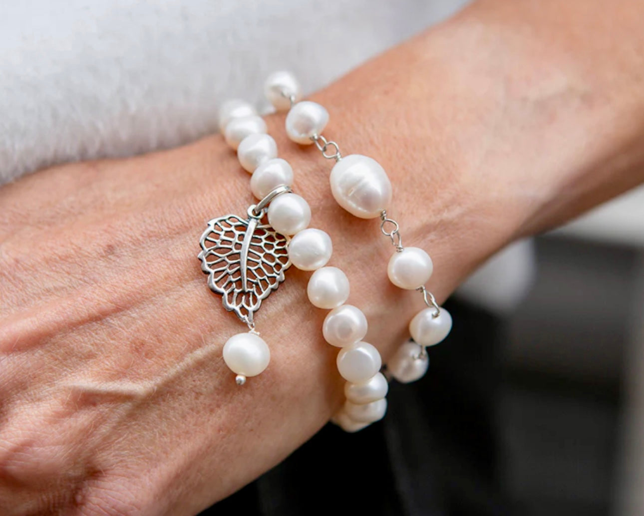 Pearl Bracelet with Leaf Dangle Sterling Silver