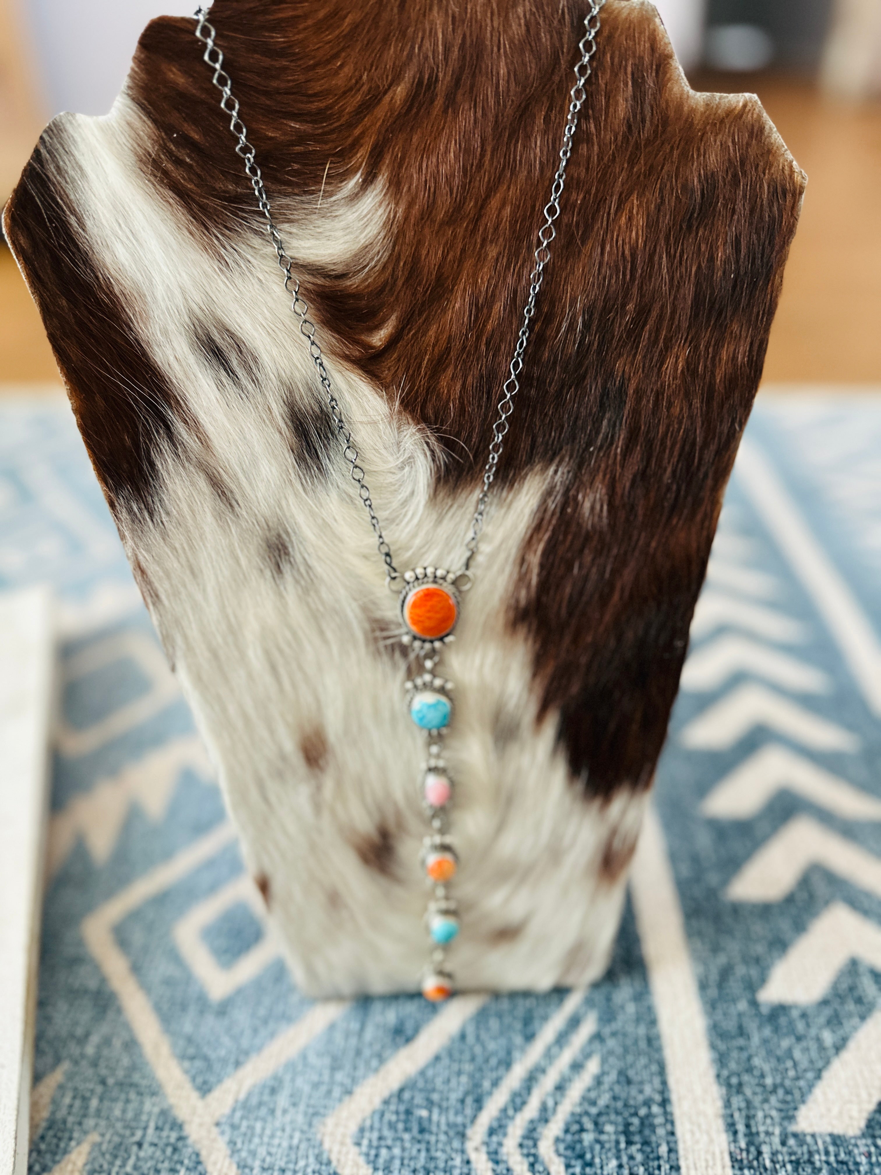 Handcrafted Sterling Silver & Multi Stone Lariat Necklace